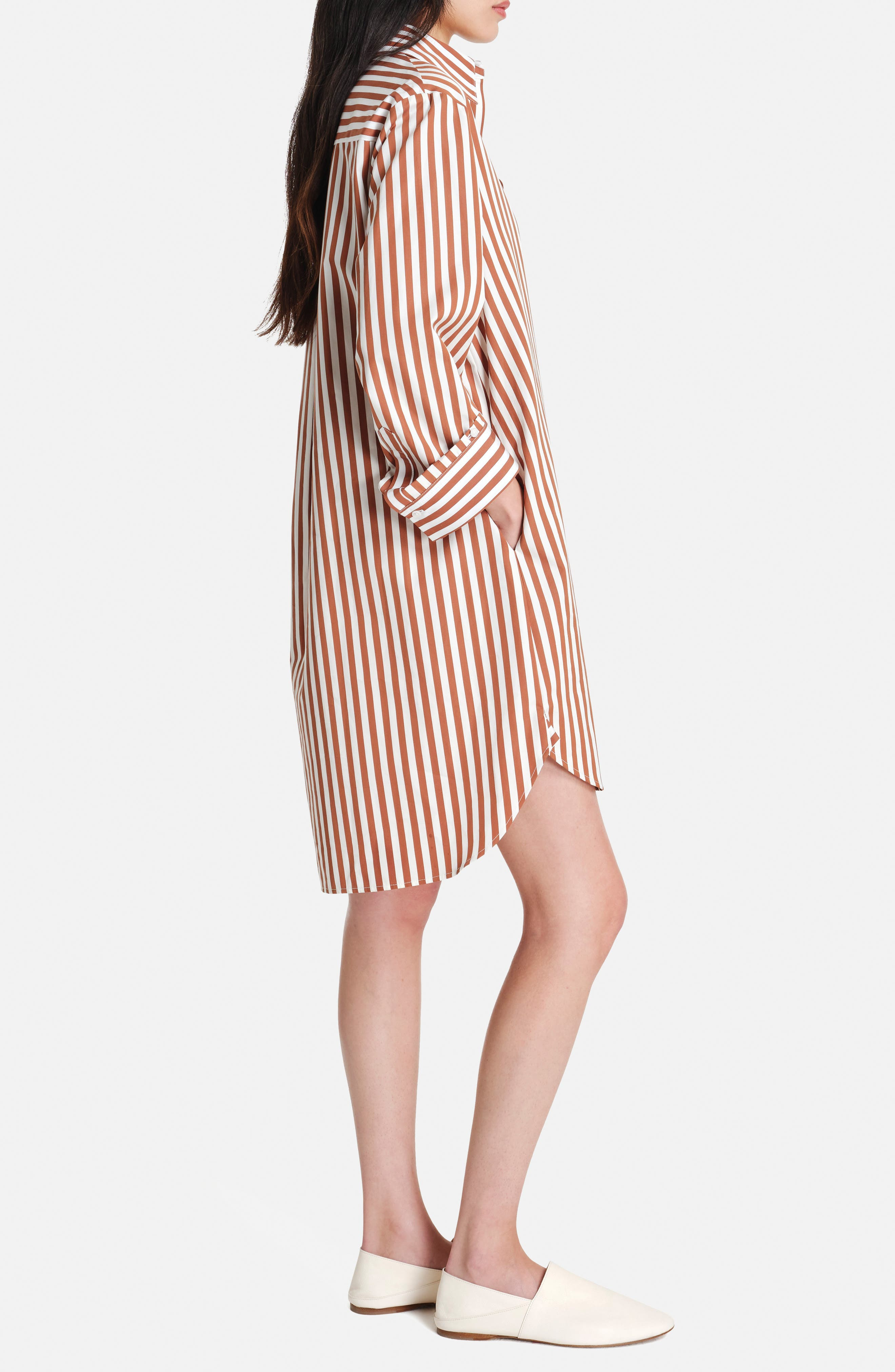 TWP Morning After Oversize Stripe Long Sleeve Cotton Shirtdress in Ivory/Cognac at Nordstrom - 3