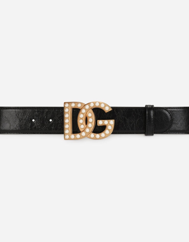 Matte nappa leather belt with pearl DG logo buckle - 3