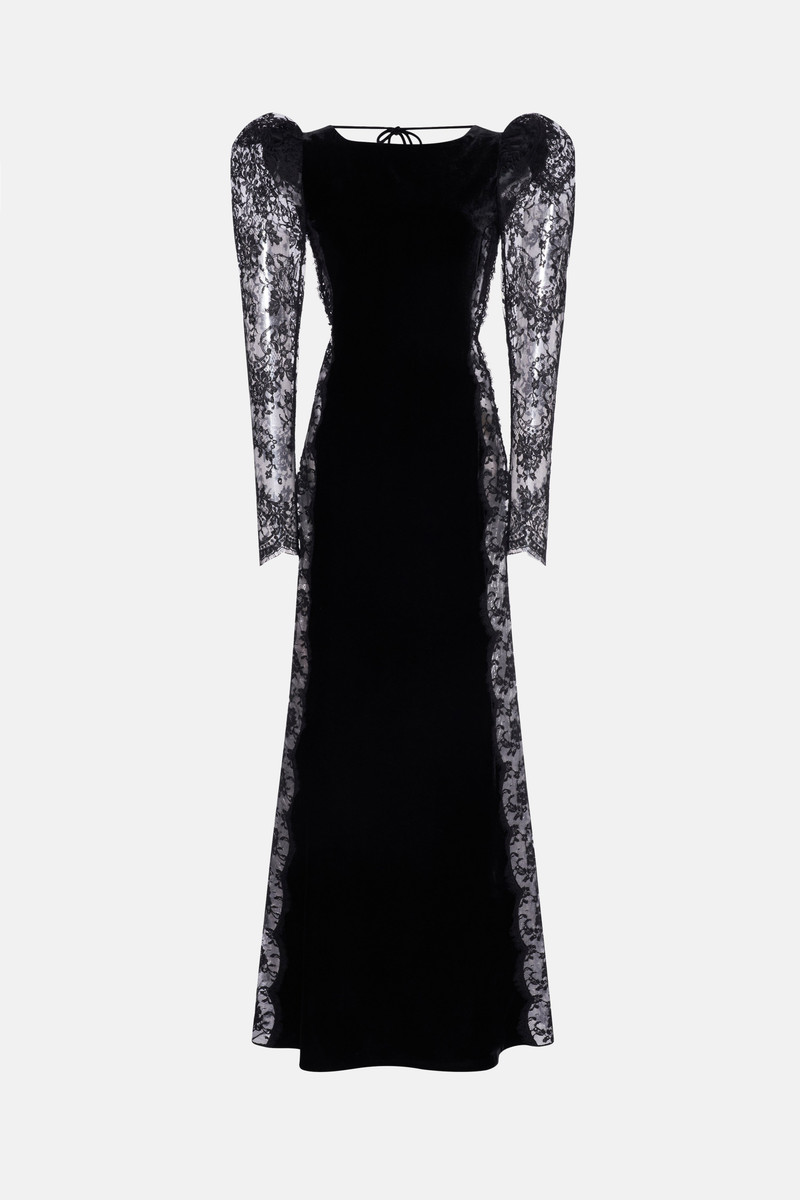 OPEN BACK VELVET EVENING DRESS WITH LACE INTARSIA 1