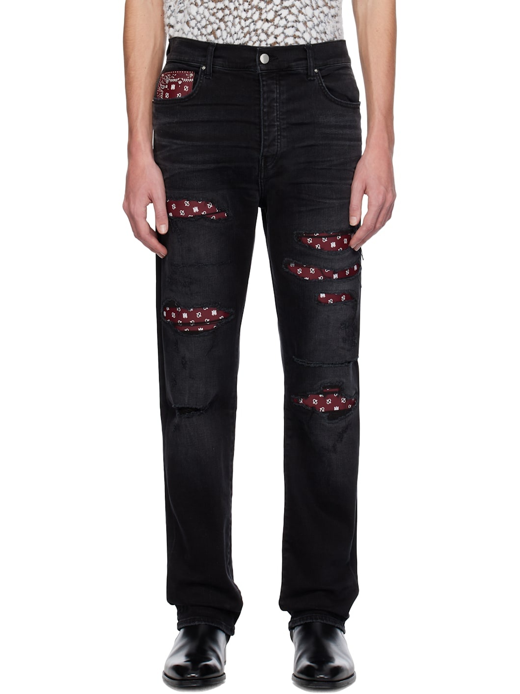 Black Leather Bandana Repaired Slim Jeans - 1