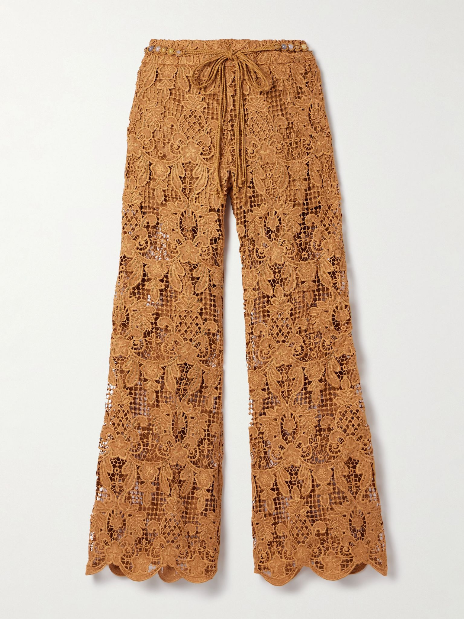 Coco belted guipure lace cotton flared pants Camel - 1