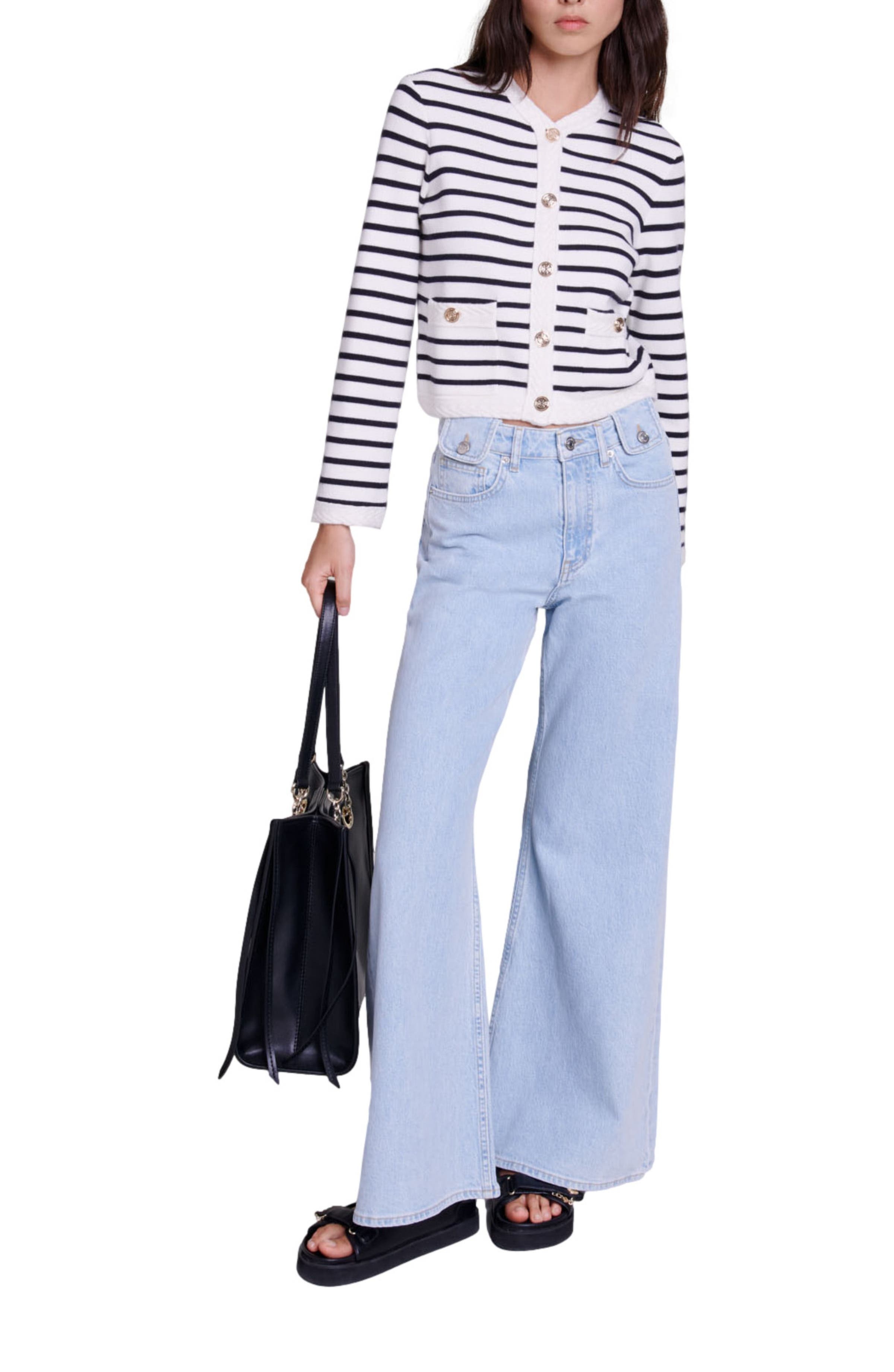 maje Striped knit cardigan in Navy /Ecru at Nordstrom - 4