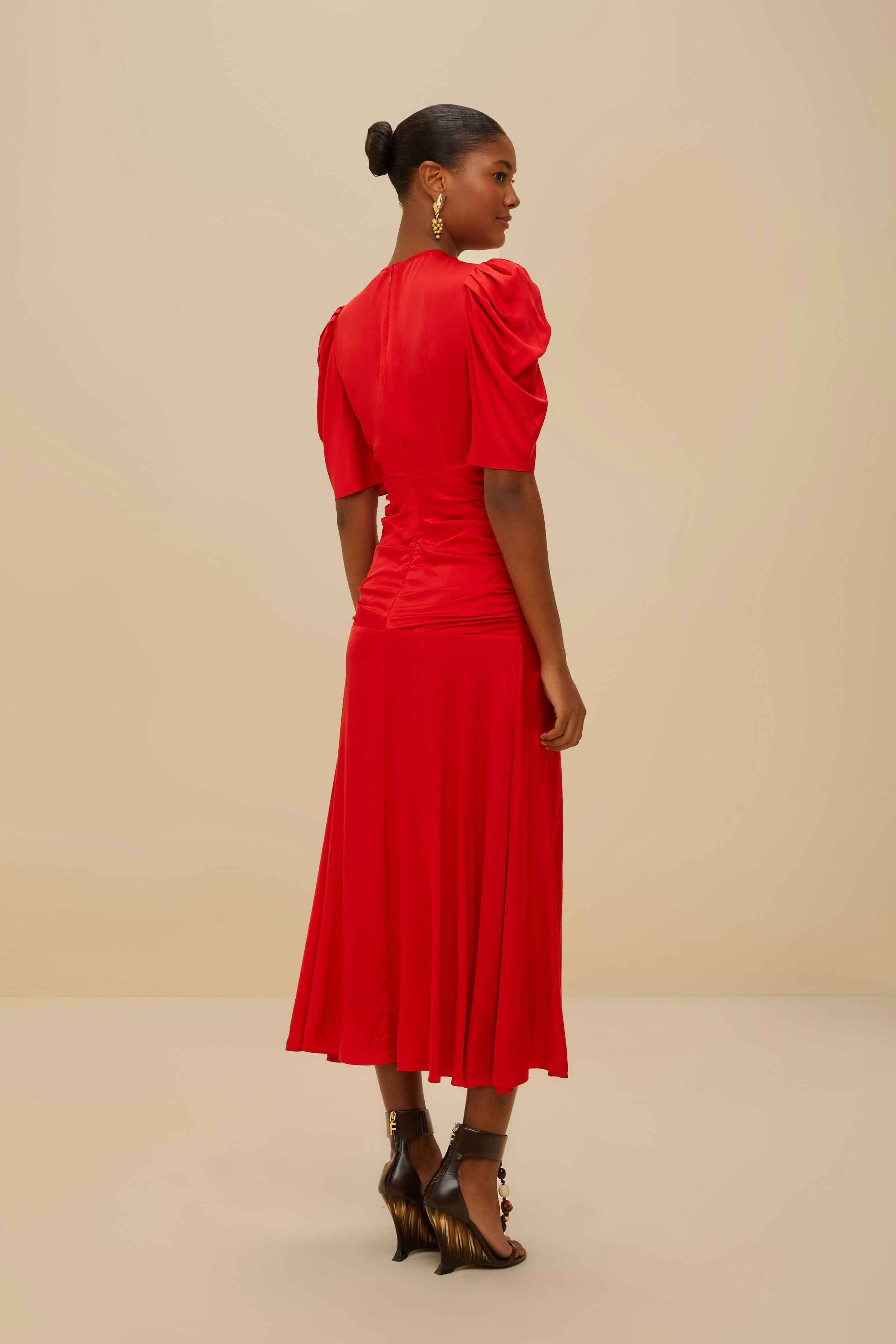 Red Gathered Midi Dress - 3