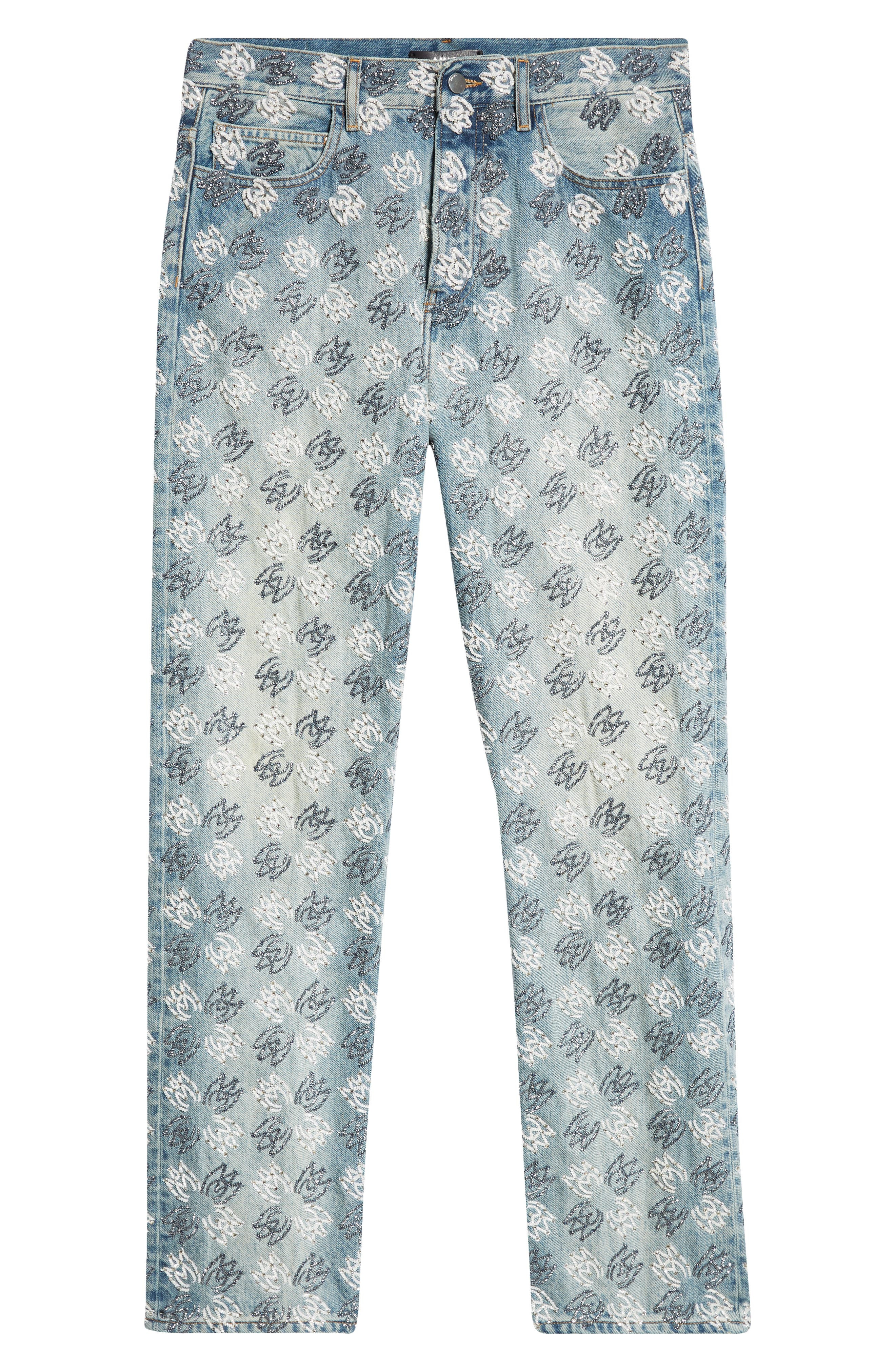 AMIRI Embellished Quad Logo Straight Leg Jeans in Antique Indigo at Nordstrom - 5