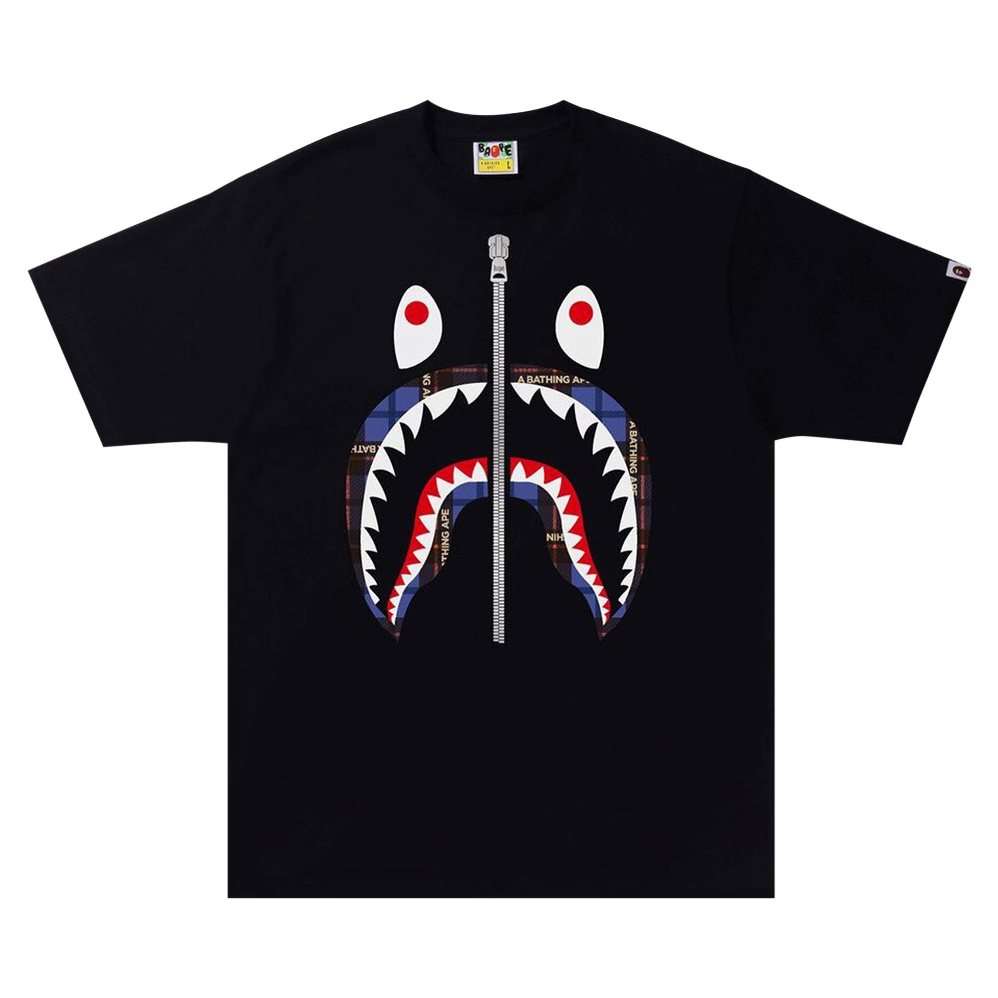 BAPE Logo Check Shark Tee 'Black/Blue' - 1