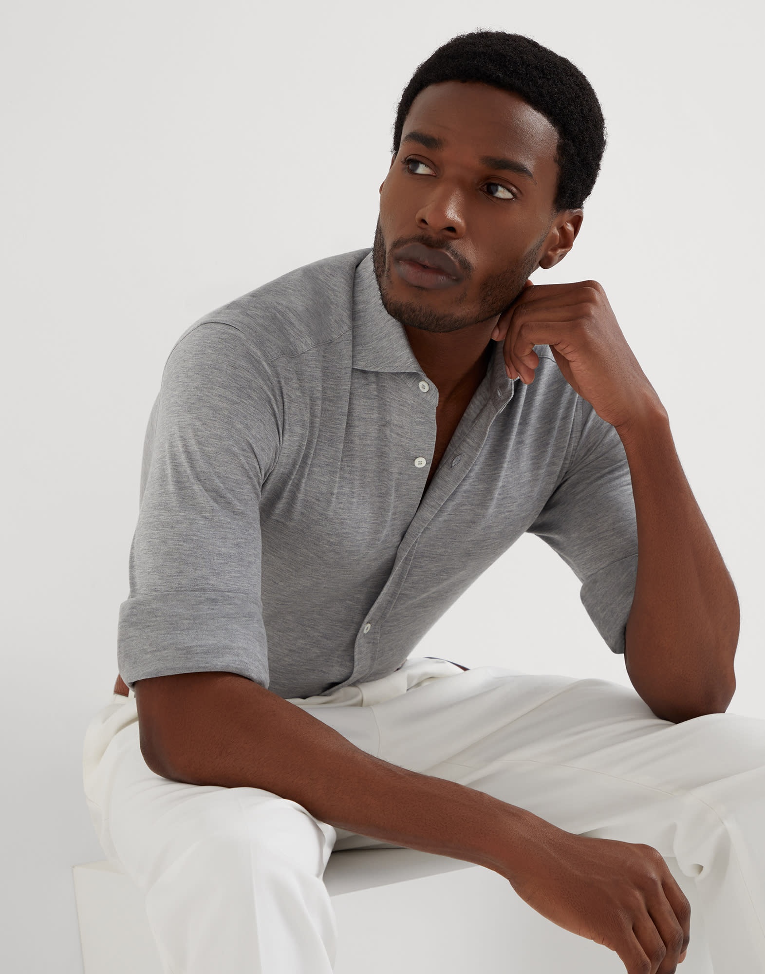 Silk and cotton lightweight jersey shirt with spead collar - 4