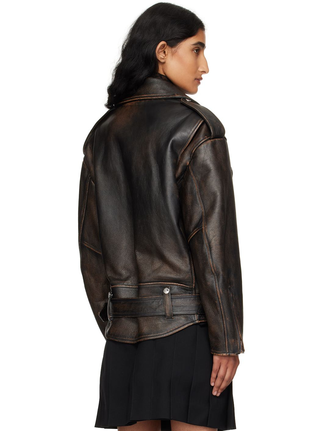 Brown Oversized Antiqued Leather Biker Jacket - 3