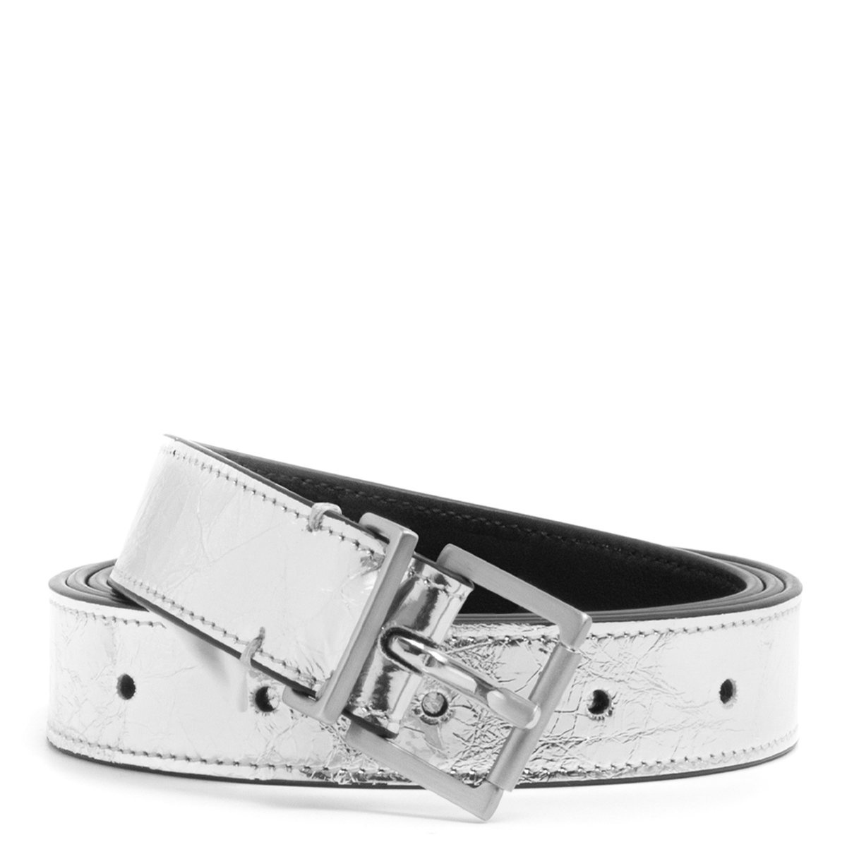 Maison Margiela Mirror Effect Crinkle Leather Belt in Silver | hervia |  REVERSIBLE