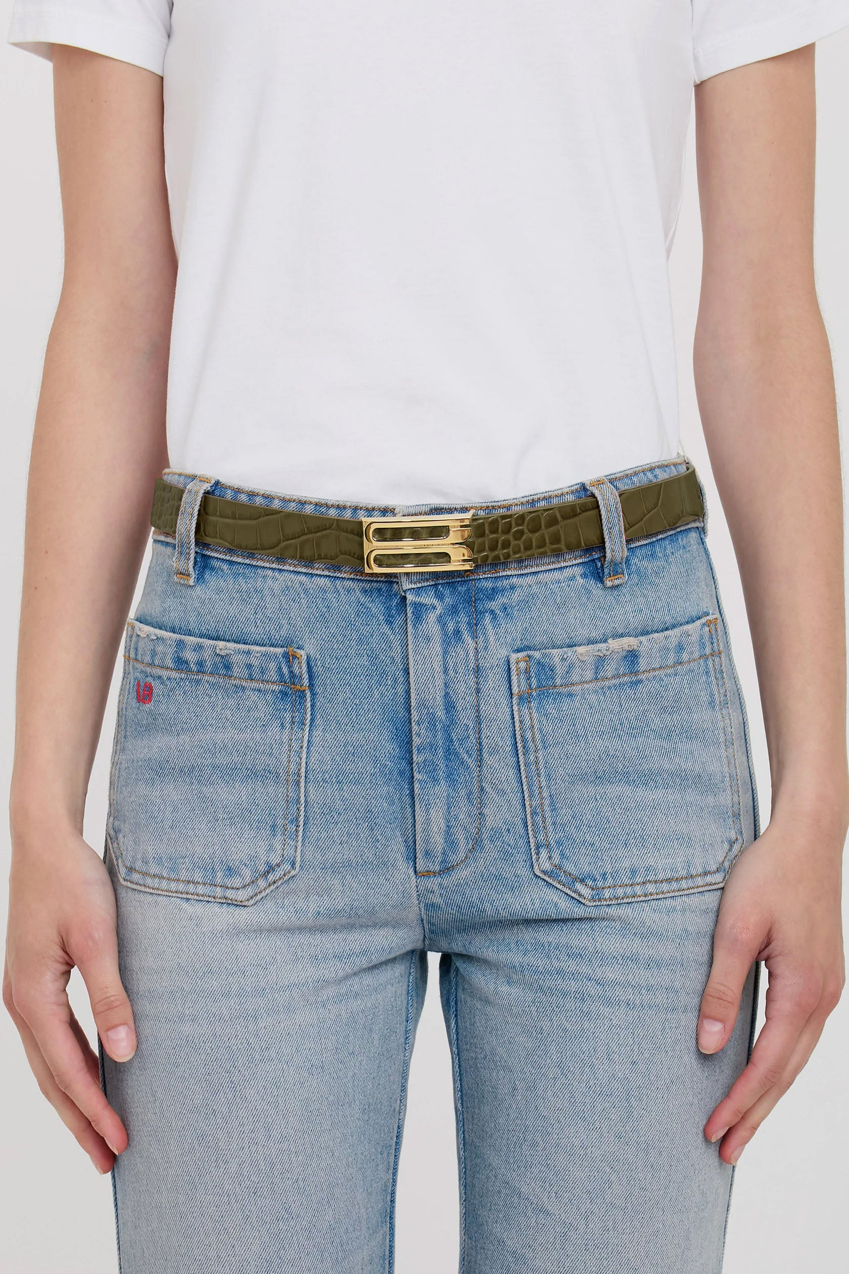Exclusive Frame Belt In Khaki Croc Embossed Calf Leather - 2