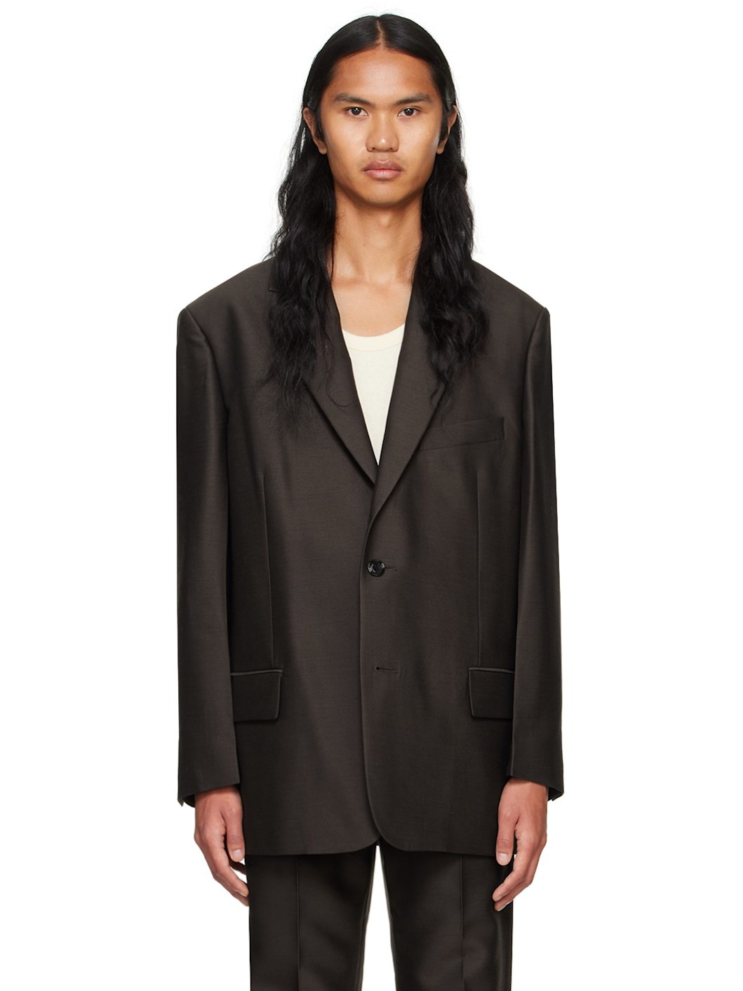 Brown Wool Single Set-Up Blazer - 1