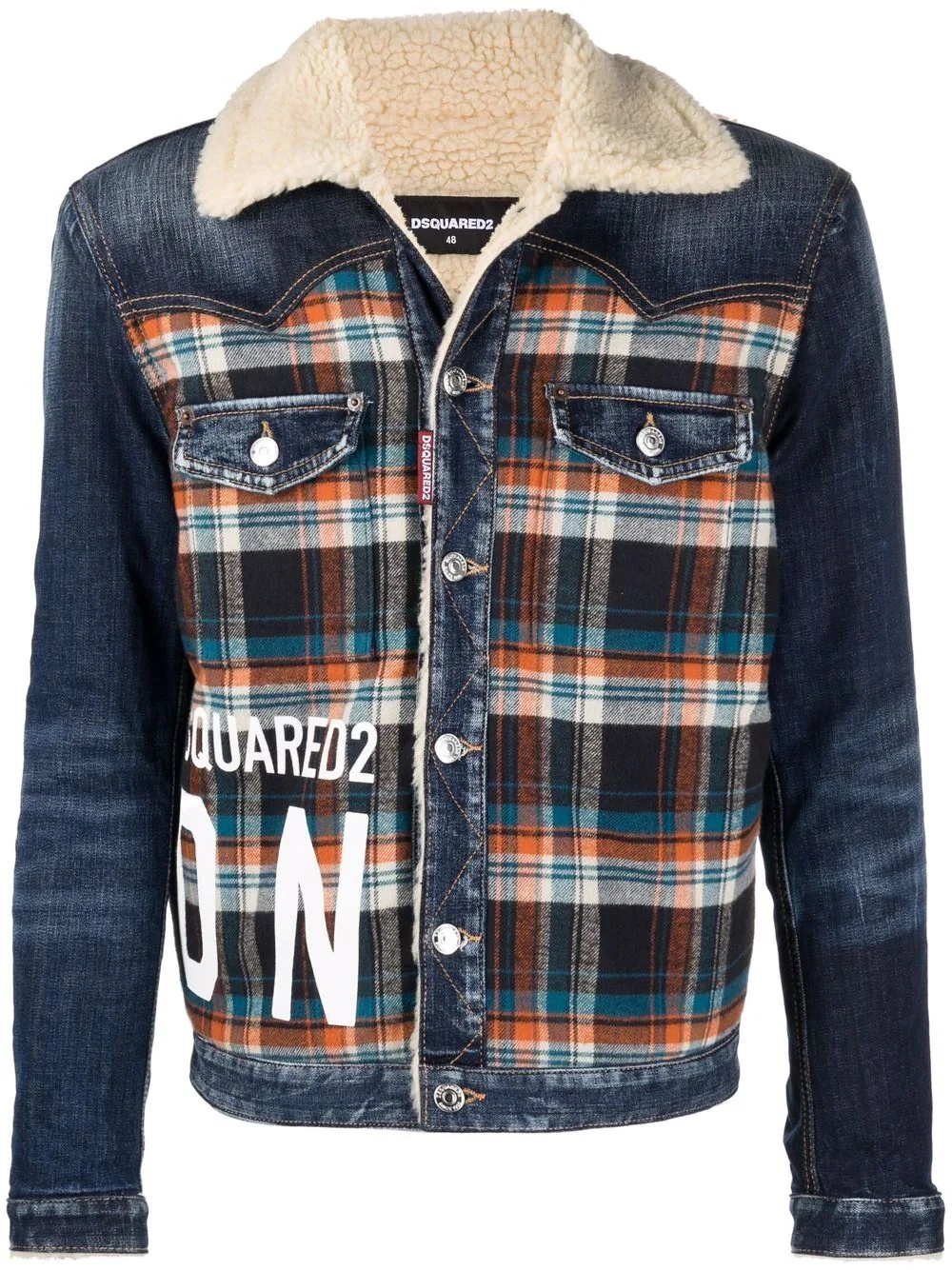 plaid-panelled denim jacket - 1