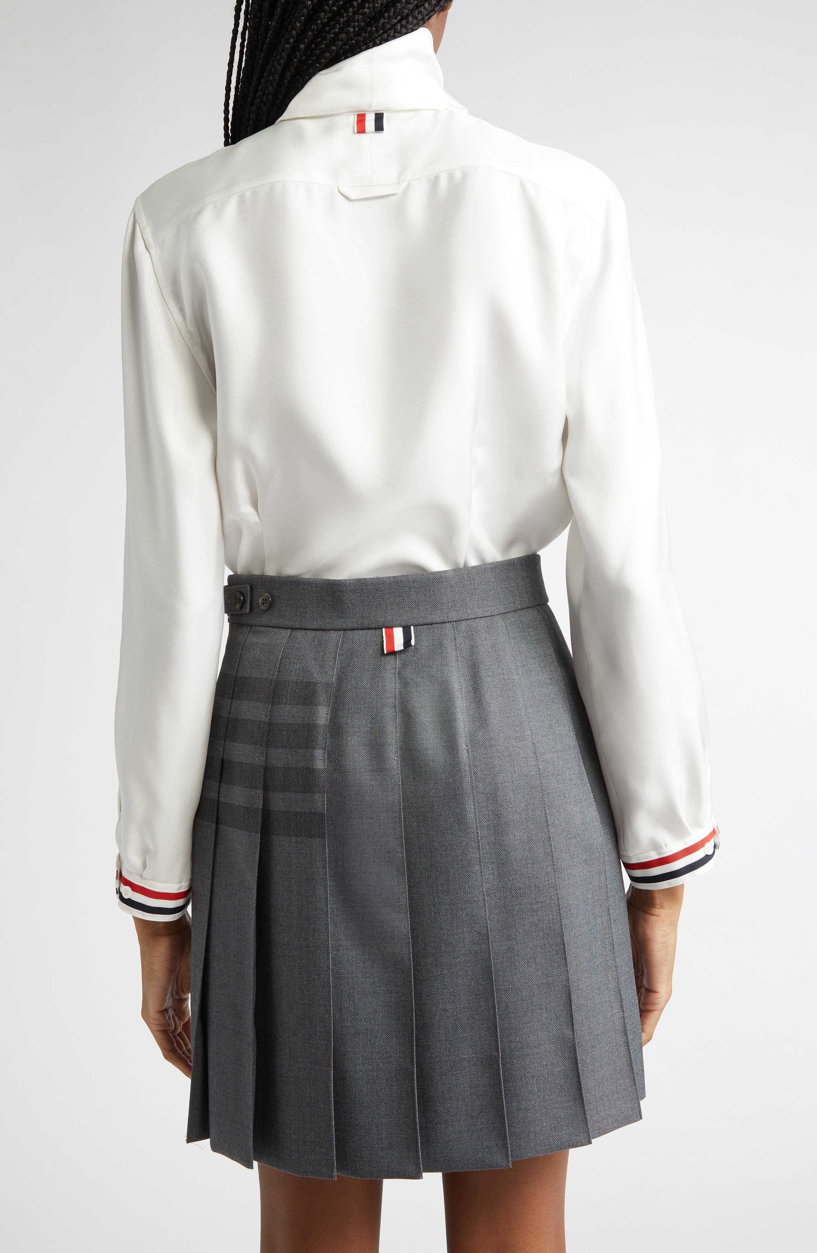 Thom Browne Tie Neck Long Sleeve Silk Top in White at Nordstrom - 2
