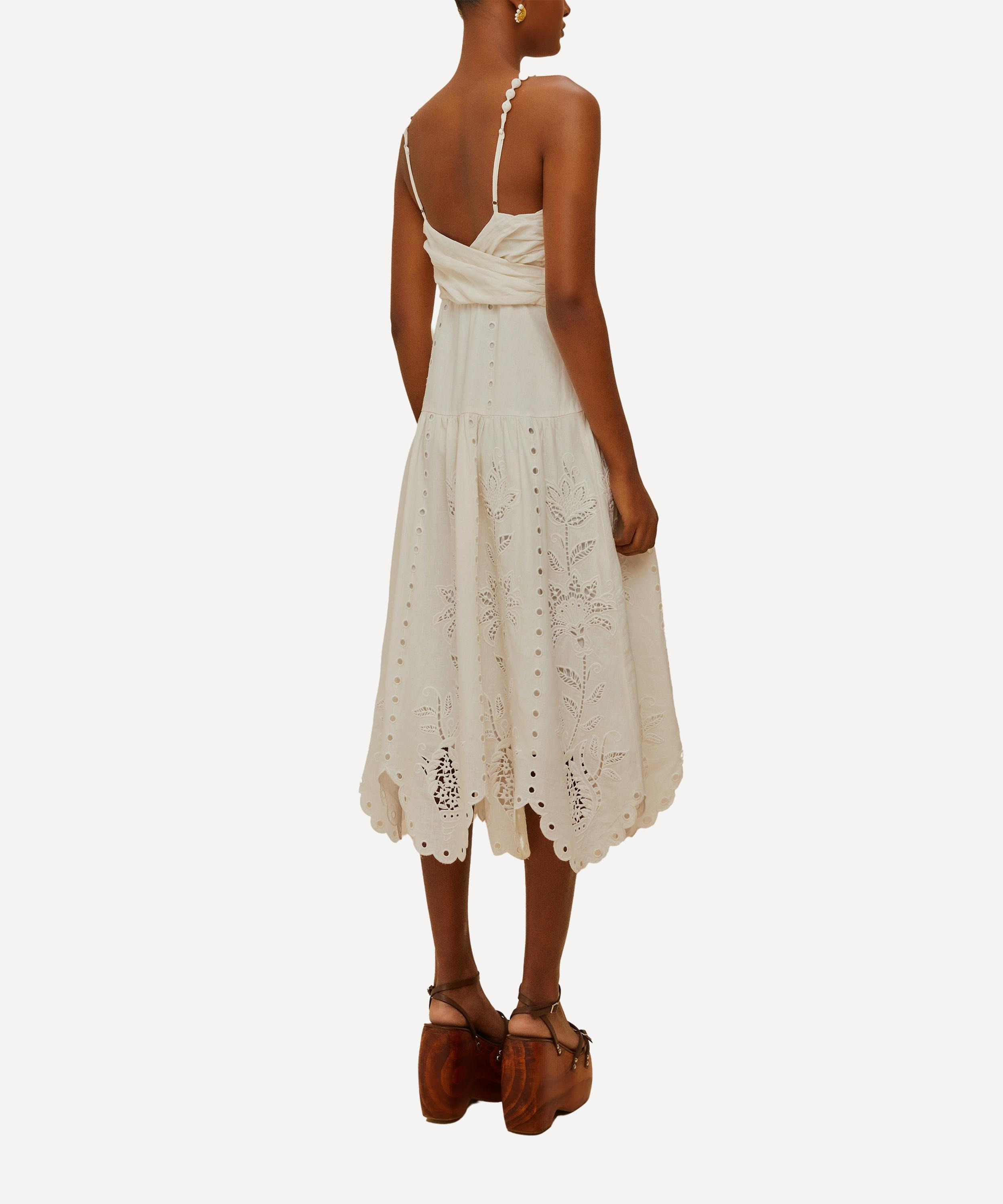 Off-White Flowers Richelieu Linen Sleeveless Midi Dress - 2