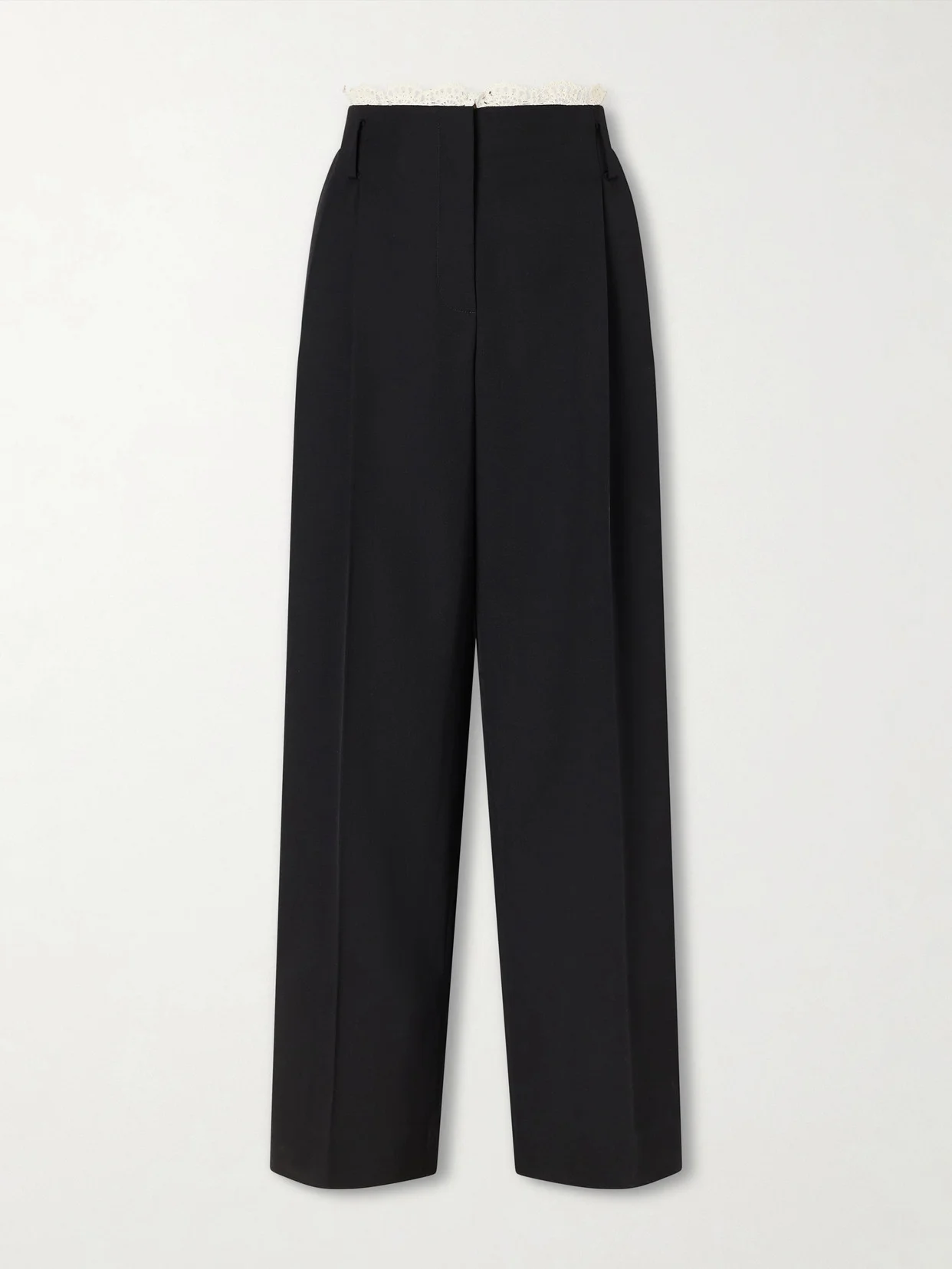 Pleated Lace-trimmed Wool Wide-leg Pants - 1