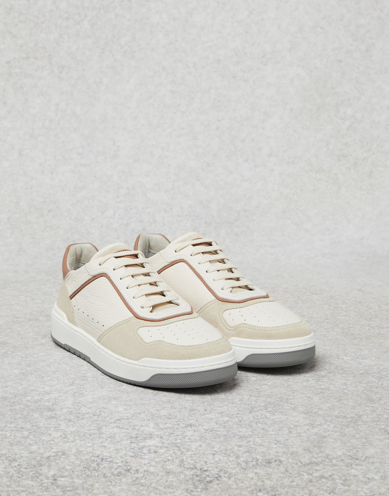 Grained calfskin and washed suede basket sneakers 1