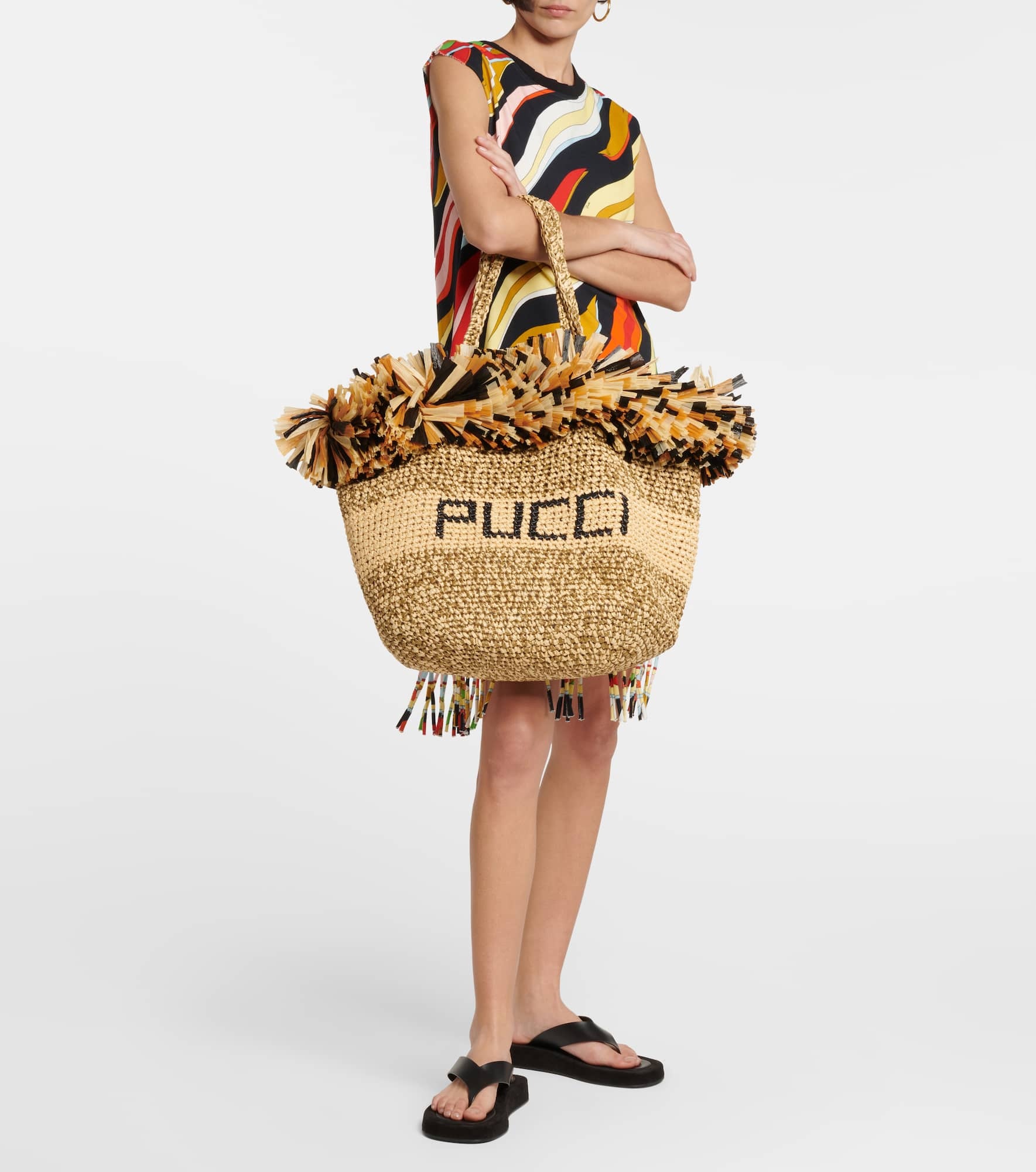 Logo fringe-trimmed raffia tote bag - 5