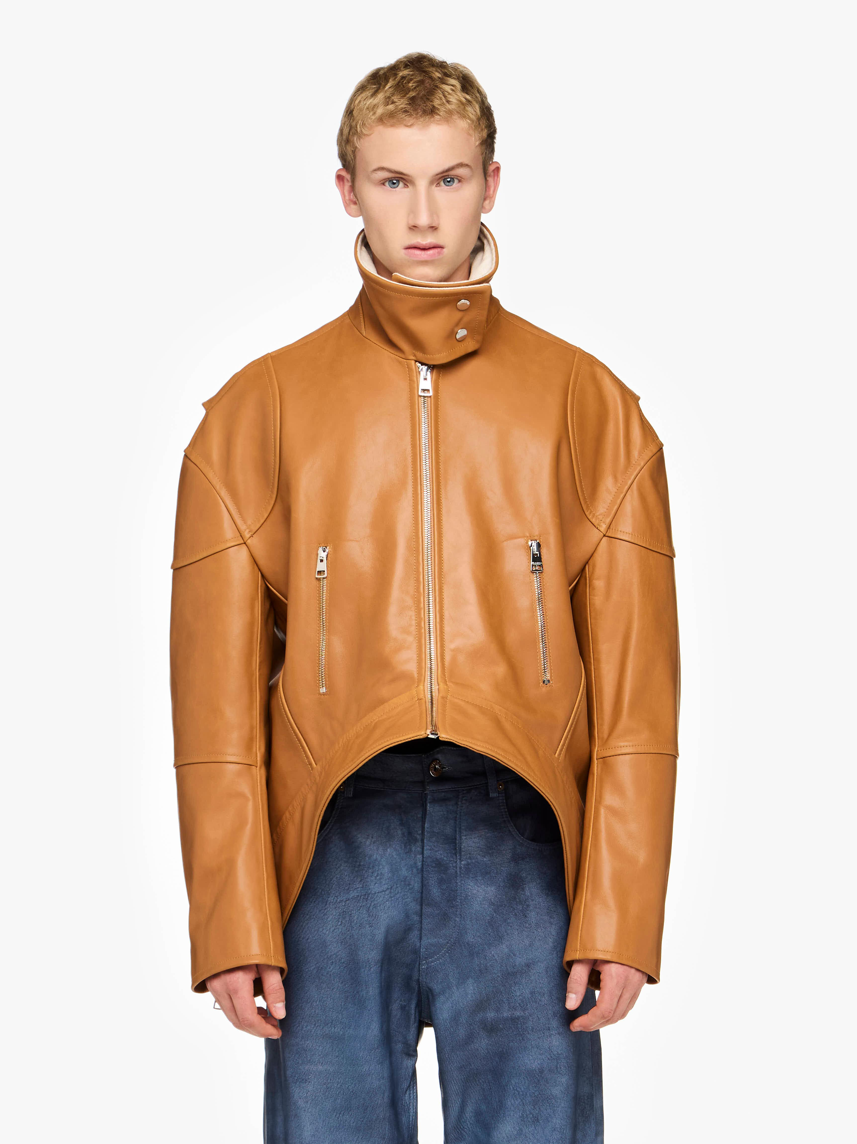 CURVED LEATHER HEM HIGH NECK JACKET - 2