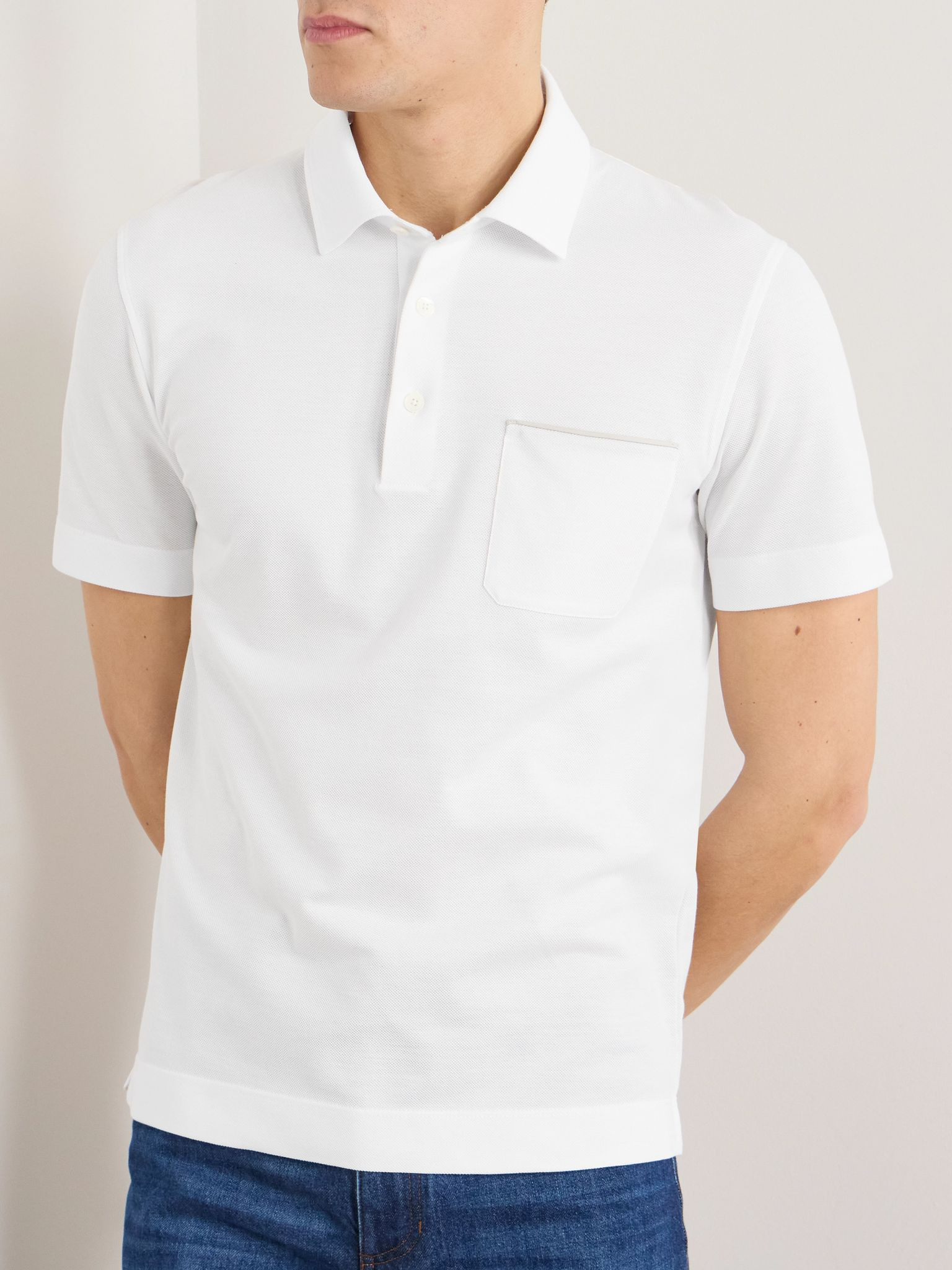 Leather-Trimmed Cotton-Piqué Polo Shirt White - 3