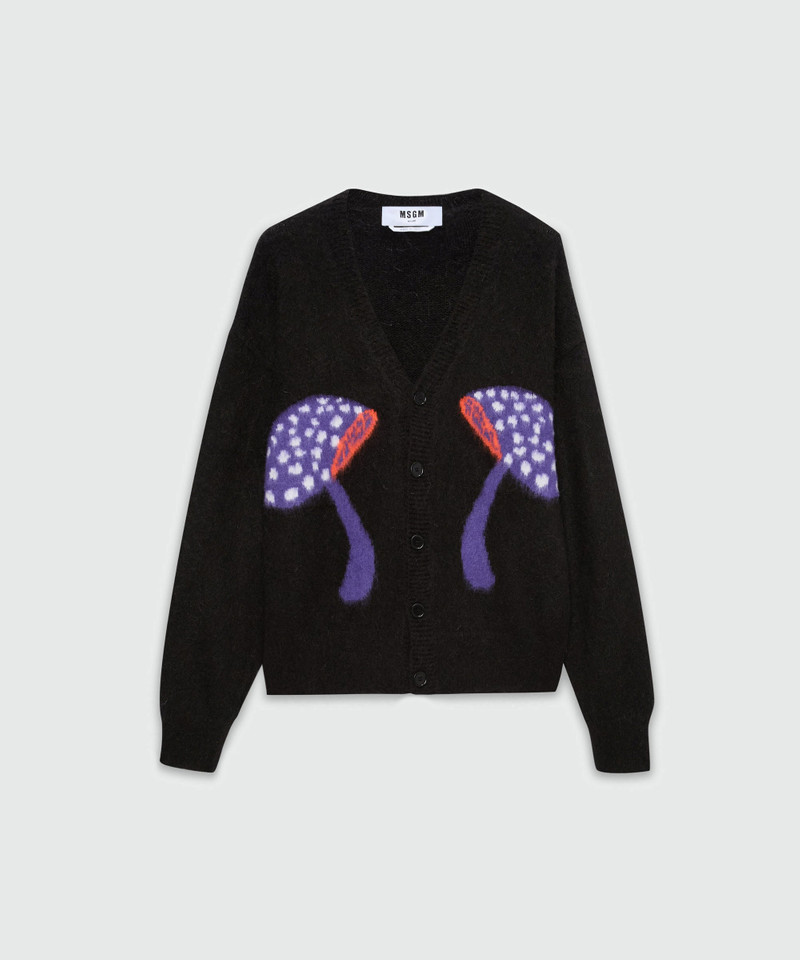 Black brushed mohair cardigan with "Fantastic Mushroom" jacquard pattern 1