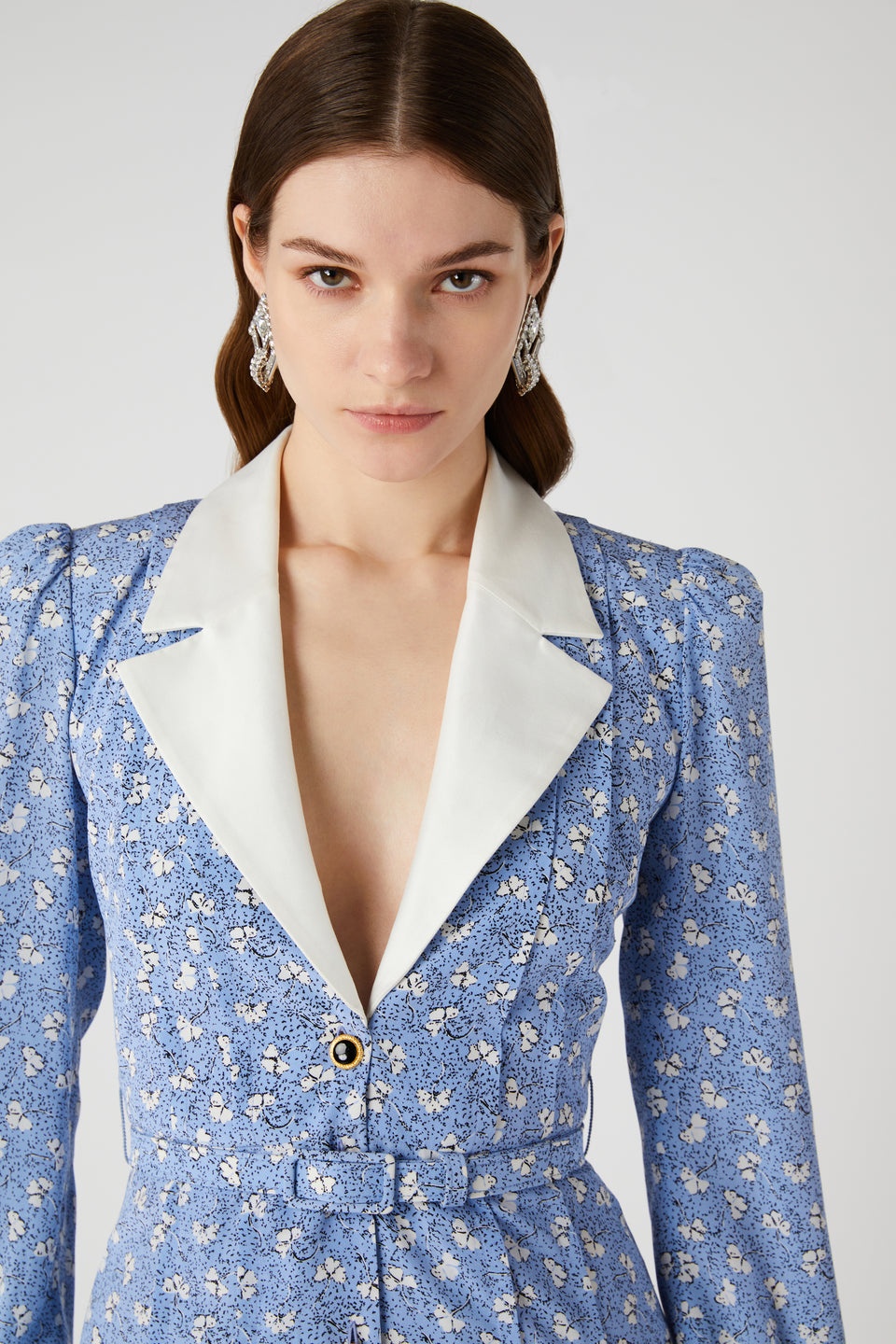 CLOVER PRINT SILK DRESS WITH MIKADO COLLAR, BELT - 6