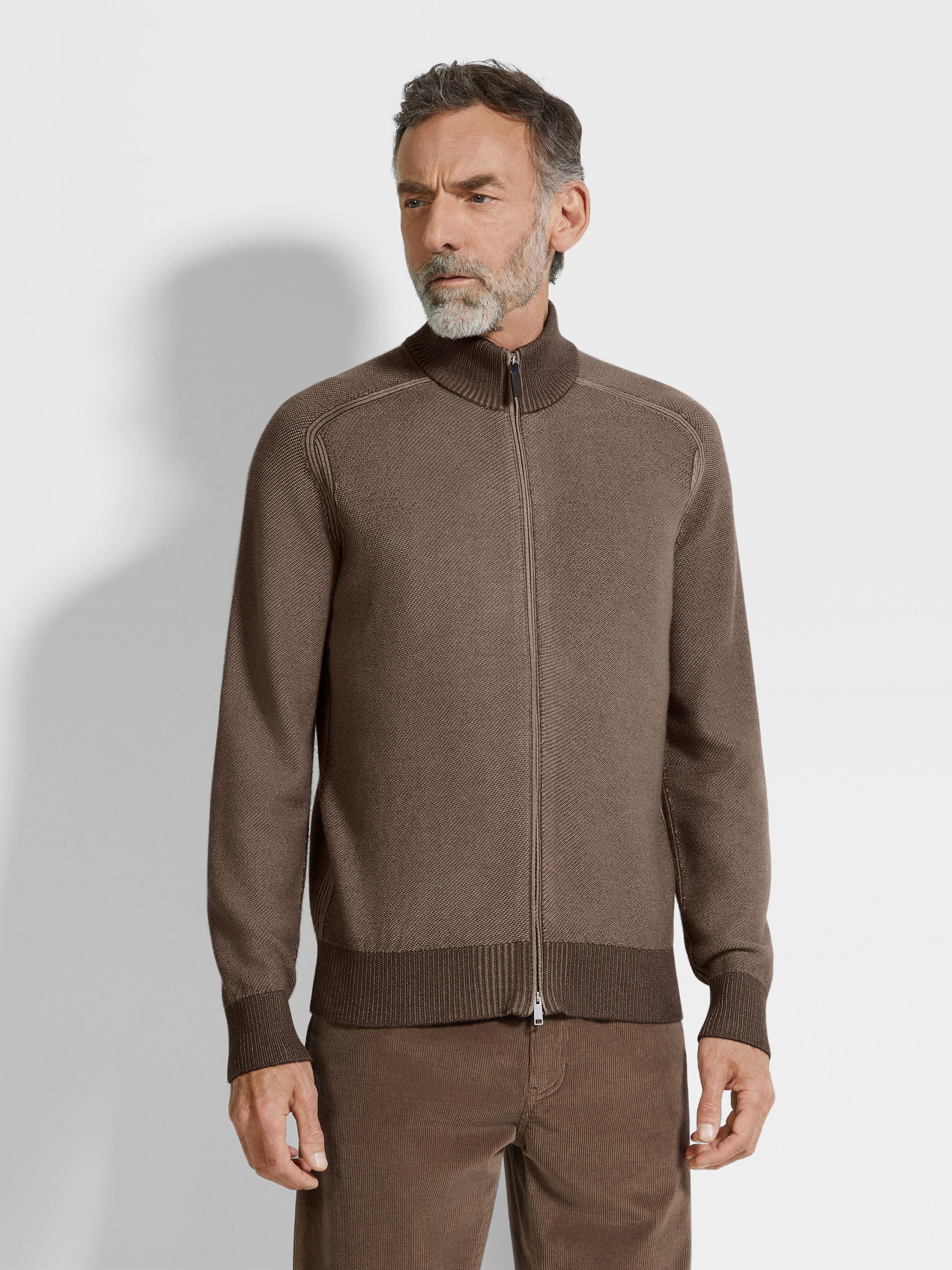 BROWN AND LIGHT TAUPE CASHSETA FULL ZIP CARDIGAN - 4