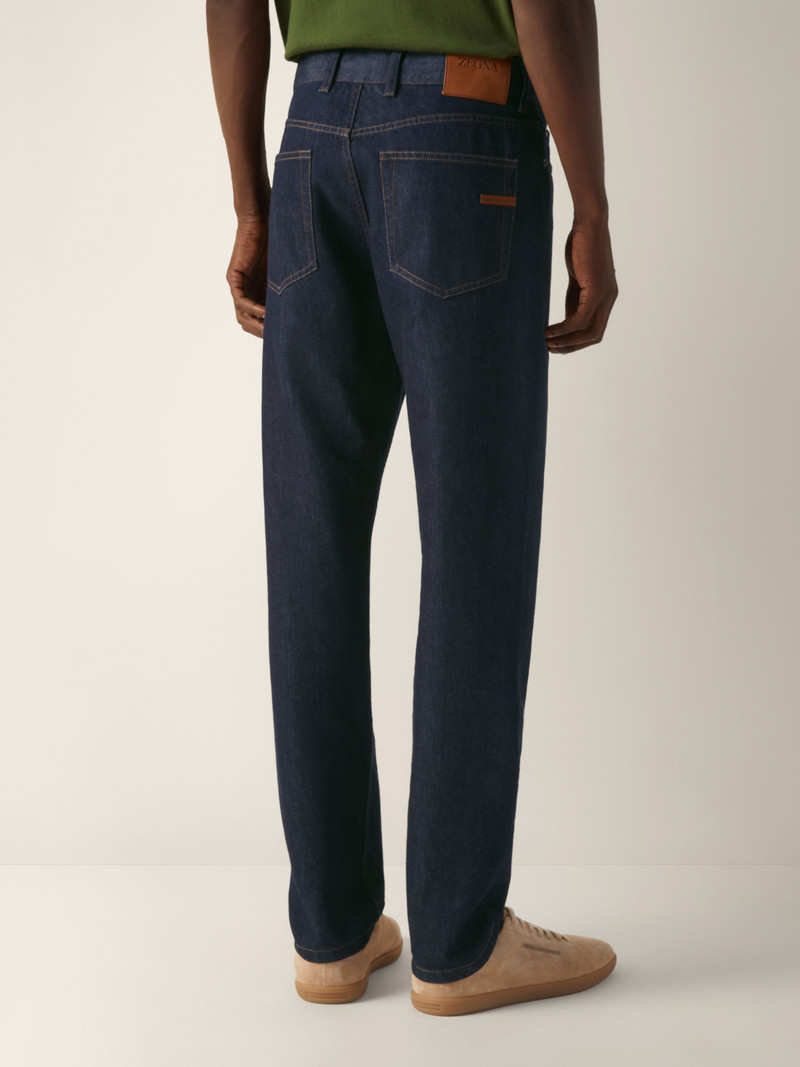 DARK BLUE RINSE-WASHED COTTON AND SILK ROCCIA JEANS 5