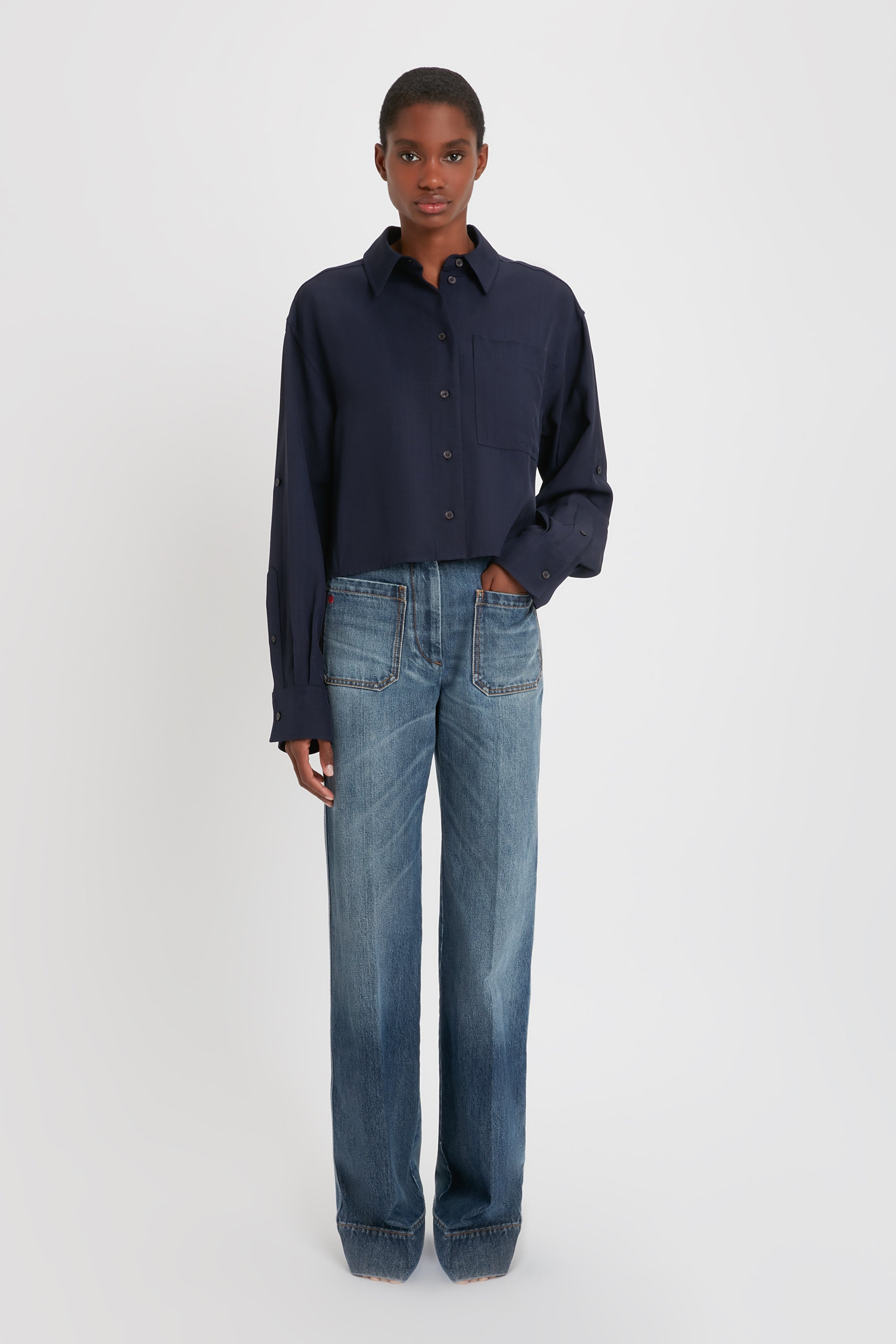 Cropped Patch Pocket Shirt In Ink Blue - 3
