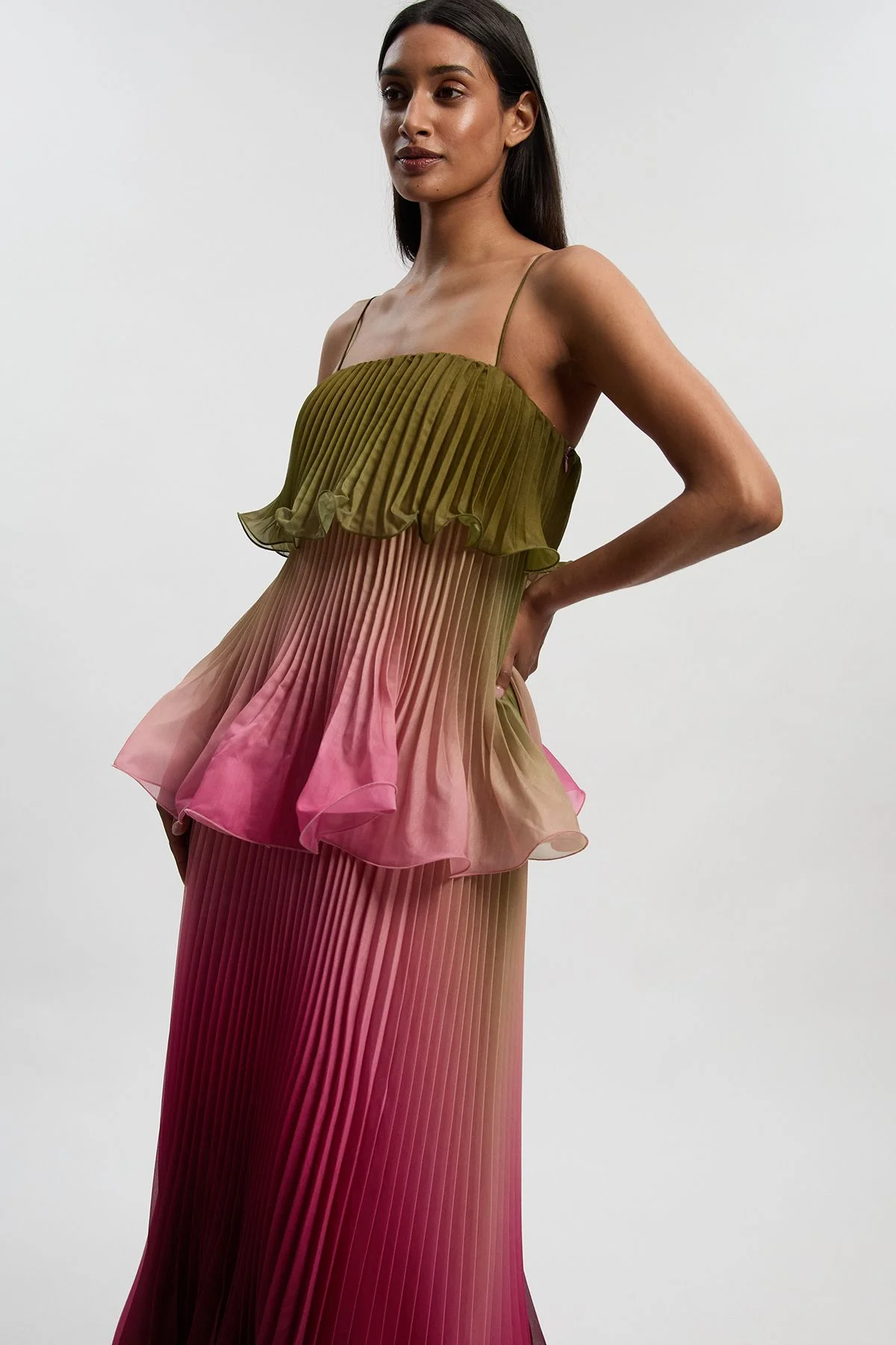 Pleated Slub Organdie Peplum Woven Maxi Dress - 1