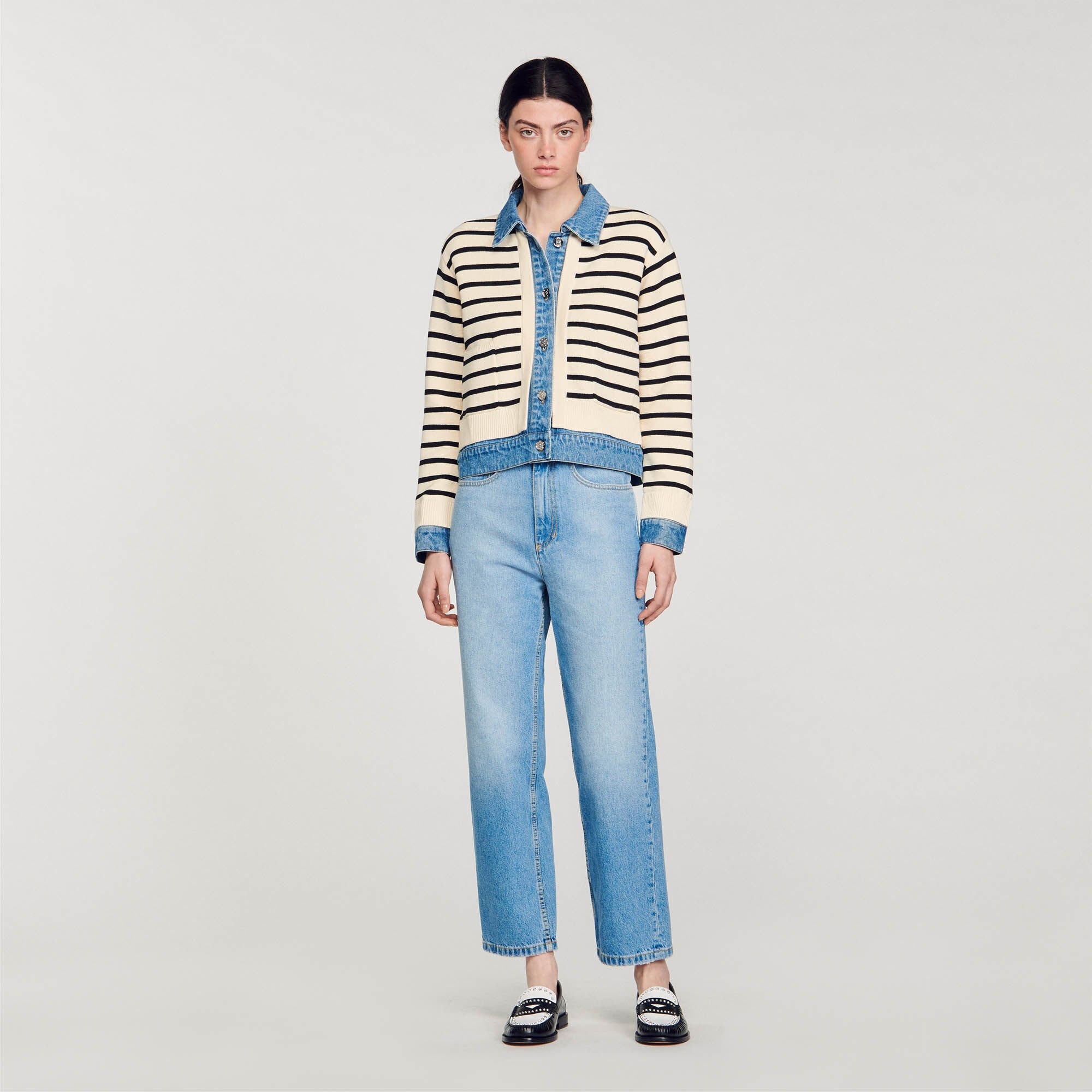 STRIPY KNIT AND DENIM COATIGAN - 2