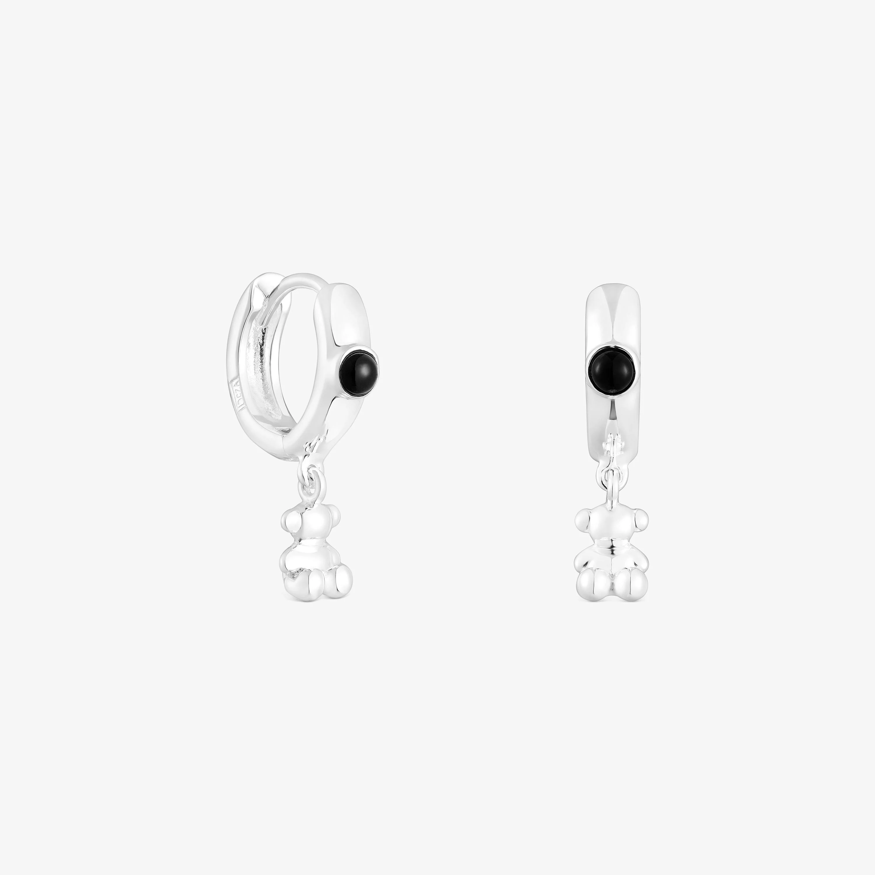 Silver Bold Bear Hoop earrings with onyx and bear charm - 1