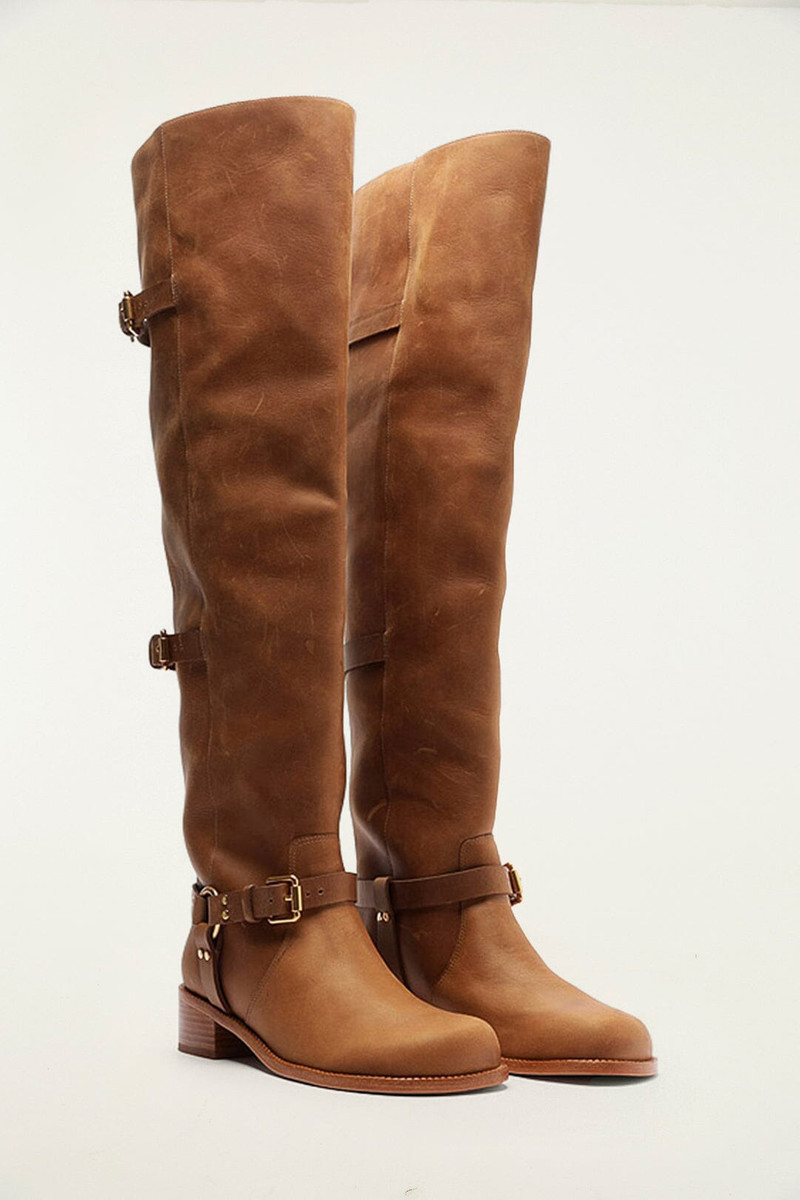 FARM RIO Brown Distressed Leather Buckled Over-The-Knee Boot outlook