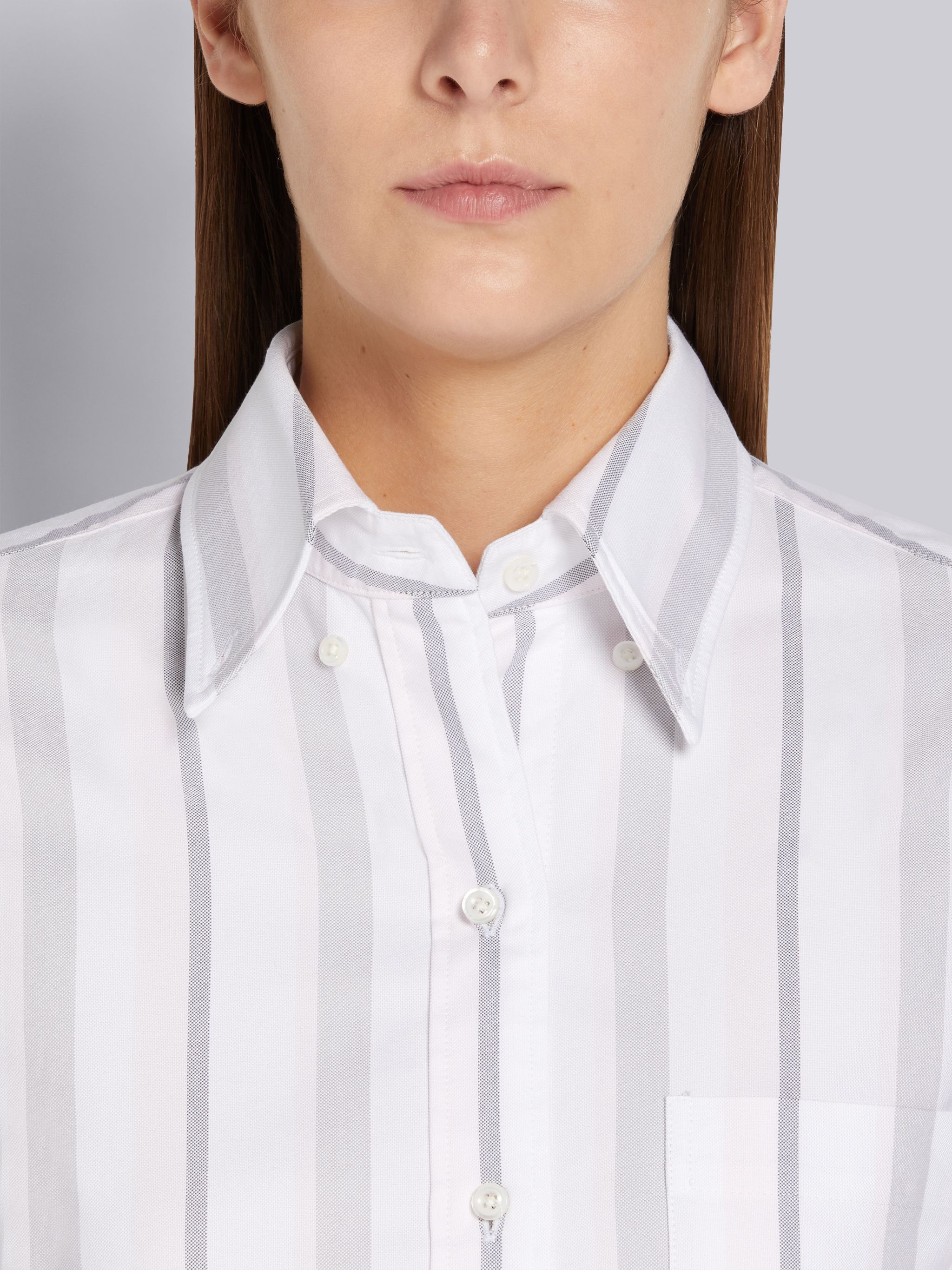 Light Pink Alternating Wide Stripe Cotton Oxford Long-sleeved Button Down Point Collar Shirtdress - 5