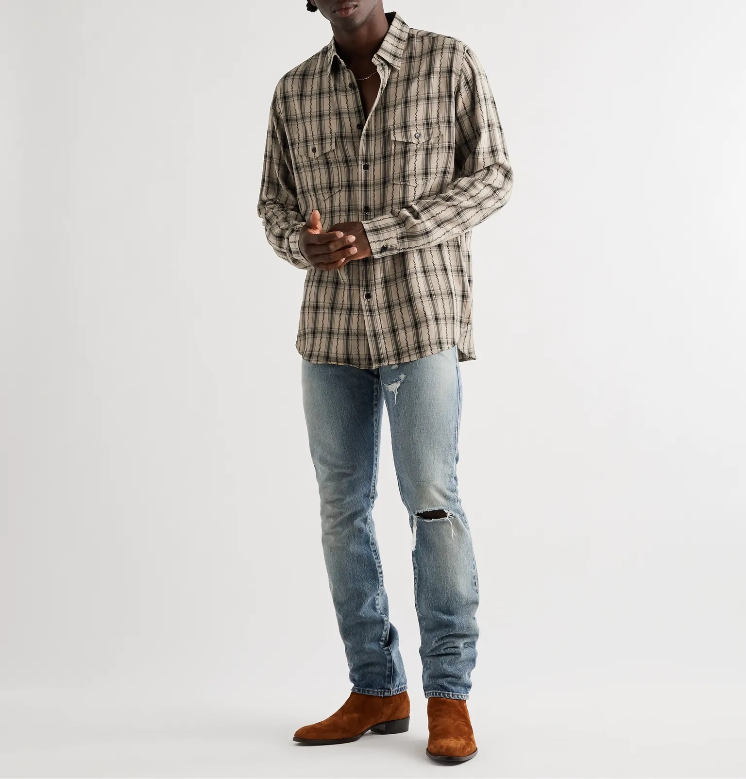 Oversized Embroidered Checked Woven Shirt - 2