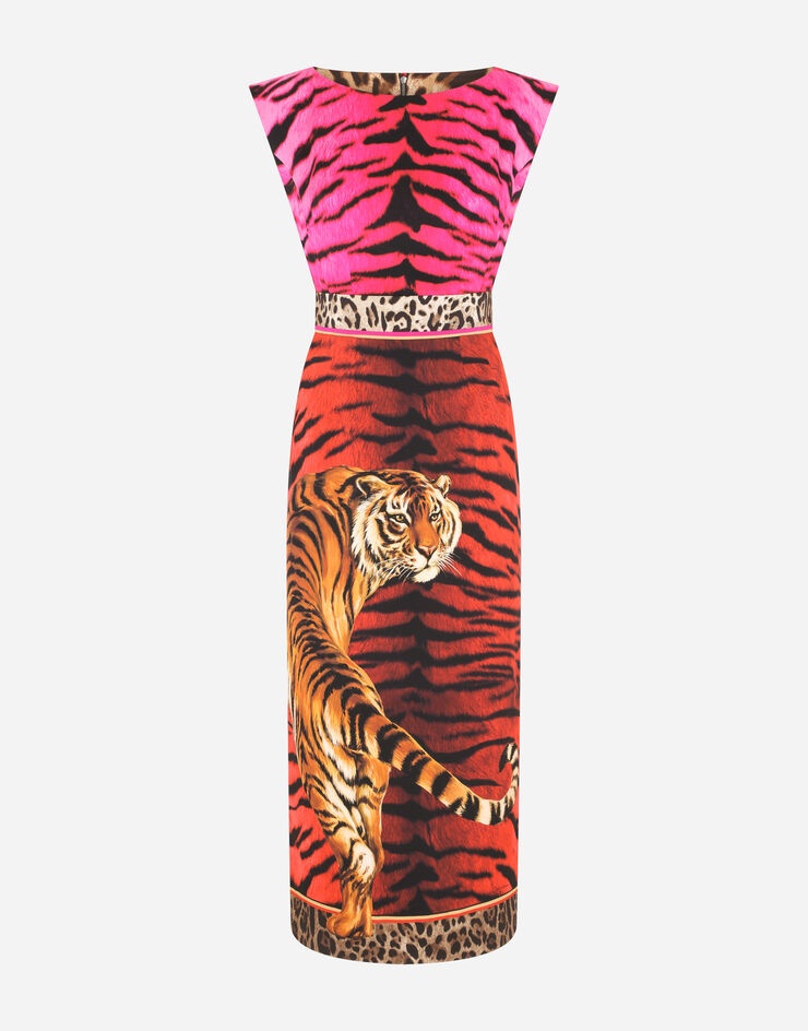 Charmeuse calf-length dress with tiger print - 3