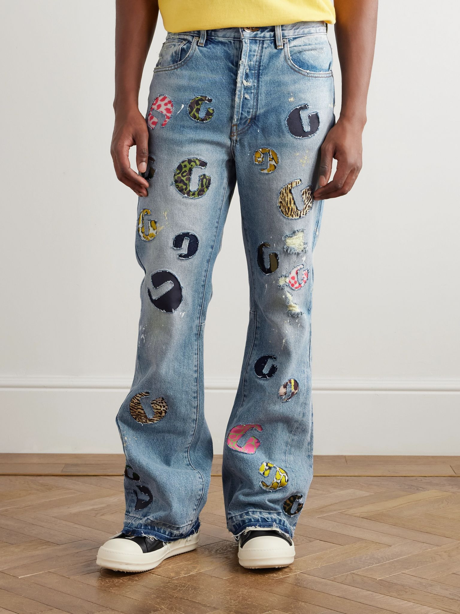 G-Time Flared Distressed Logo-Appliquéd Jeans Blue - 3