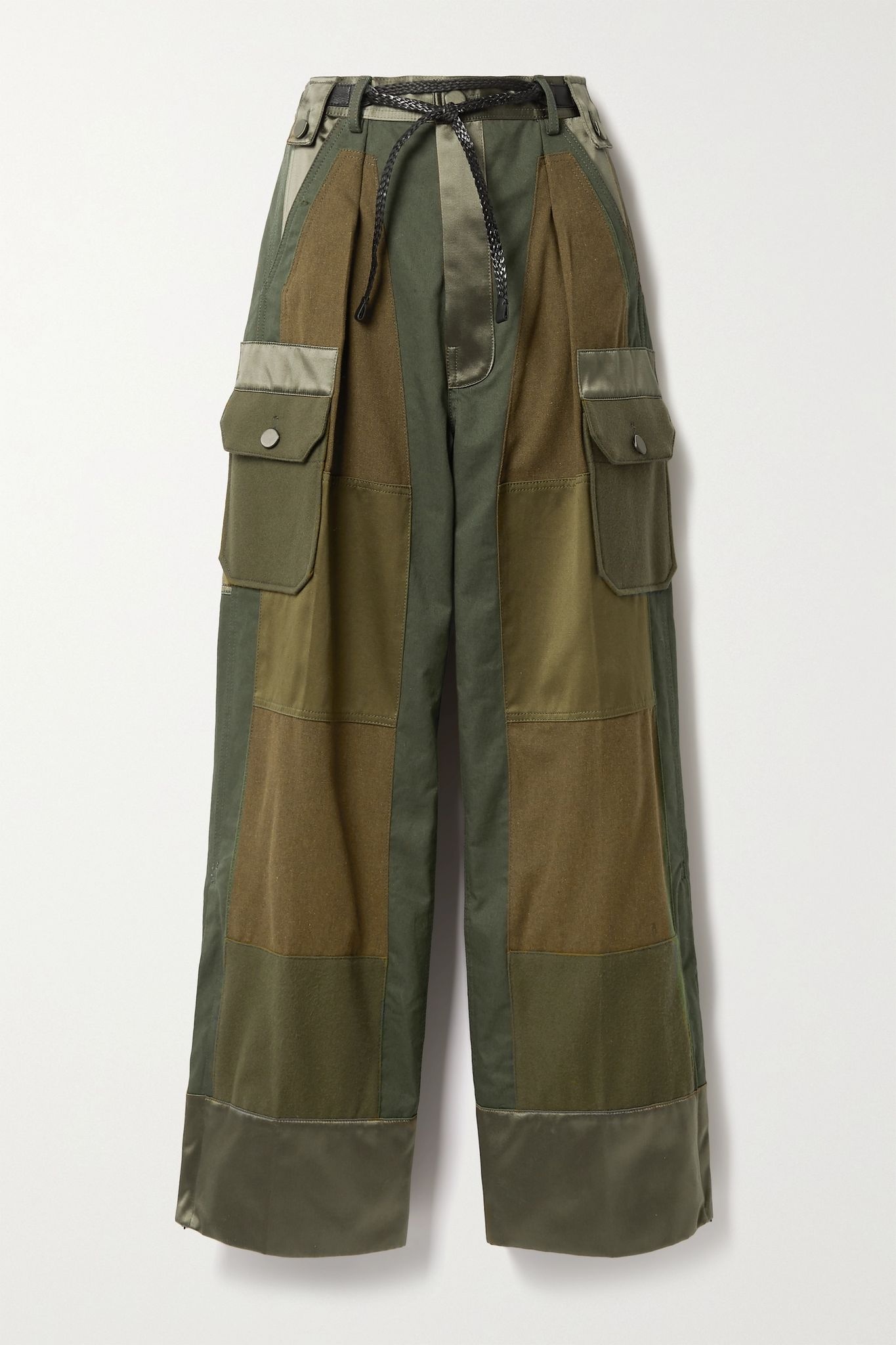 Paneled cotton-twill, wool-flannel and silk-satin cargo pants - 1