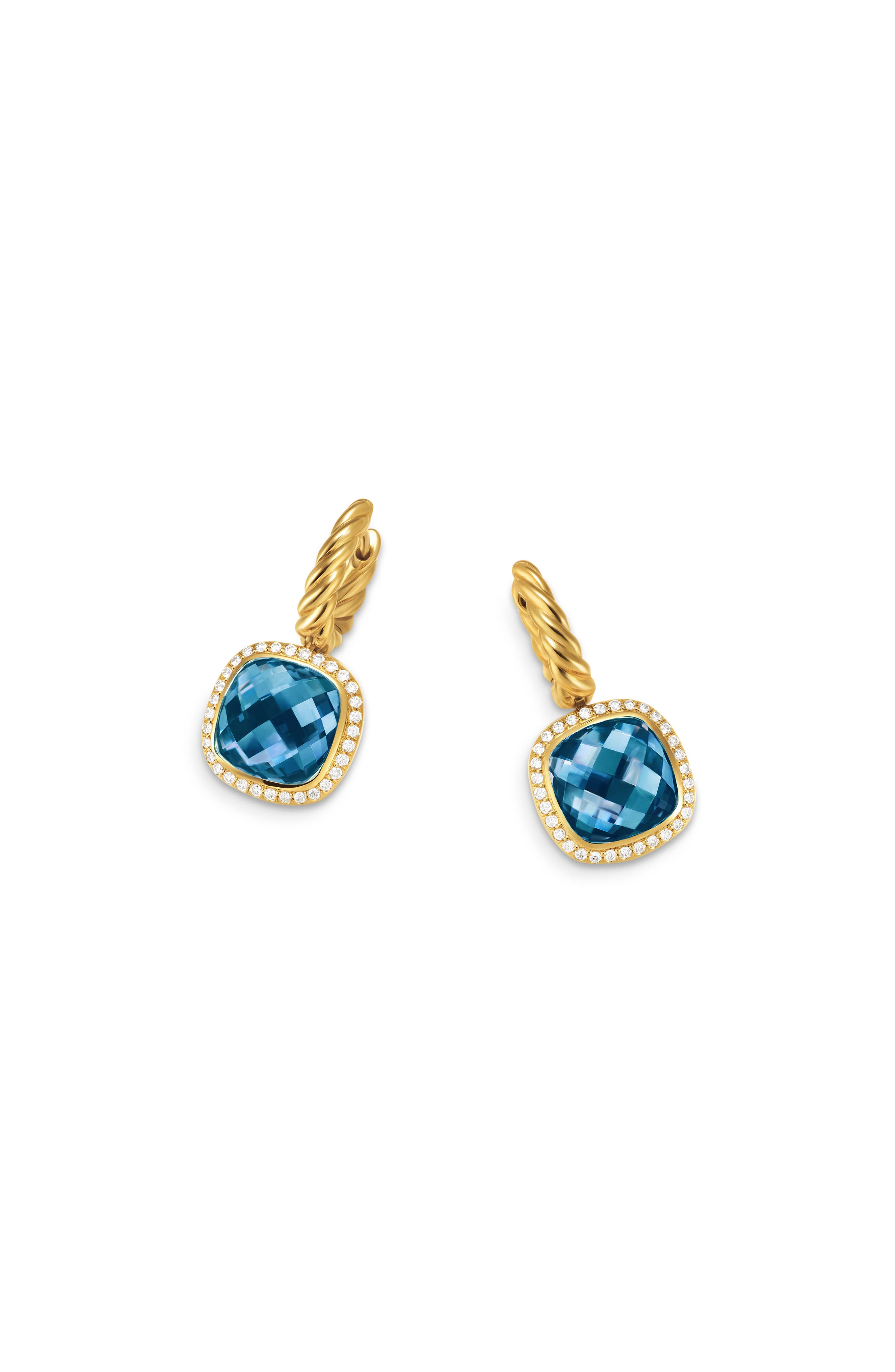 David Yurman Albion® Drop Earrings in 18K Yellow Gold with Diamonds, 10mm in 18K Gold/Blue Topaz at  - 4