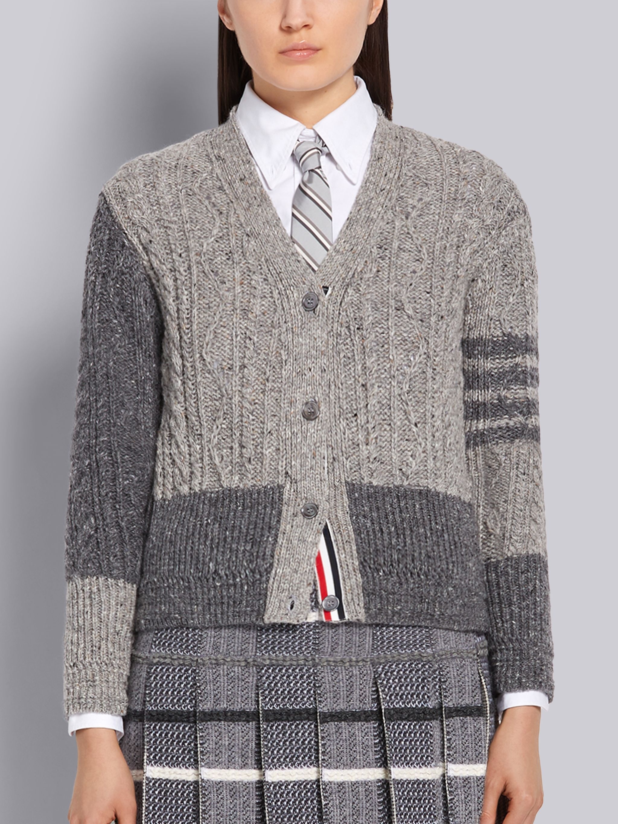 Tonal Grey Fun-mix Mohair Wool Tweed Aran Cable Classic V-neck 4-Bar Cardigan - 1