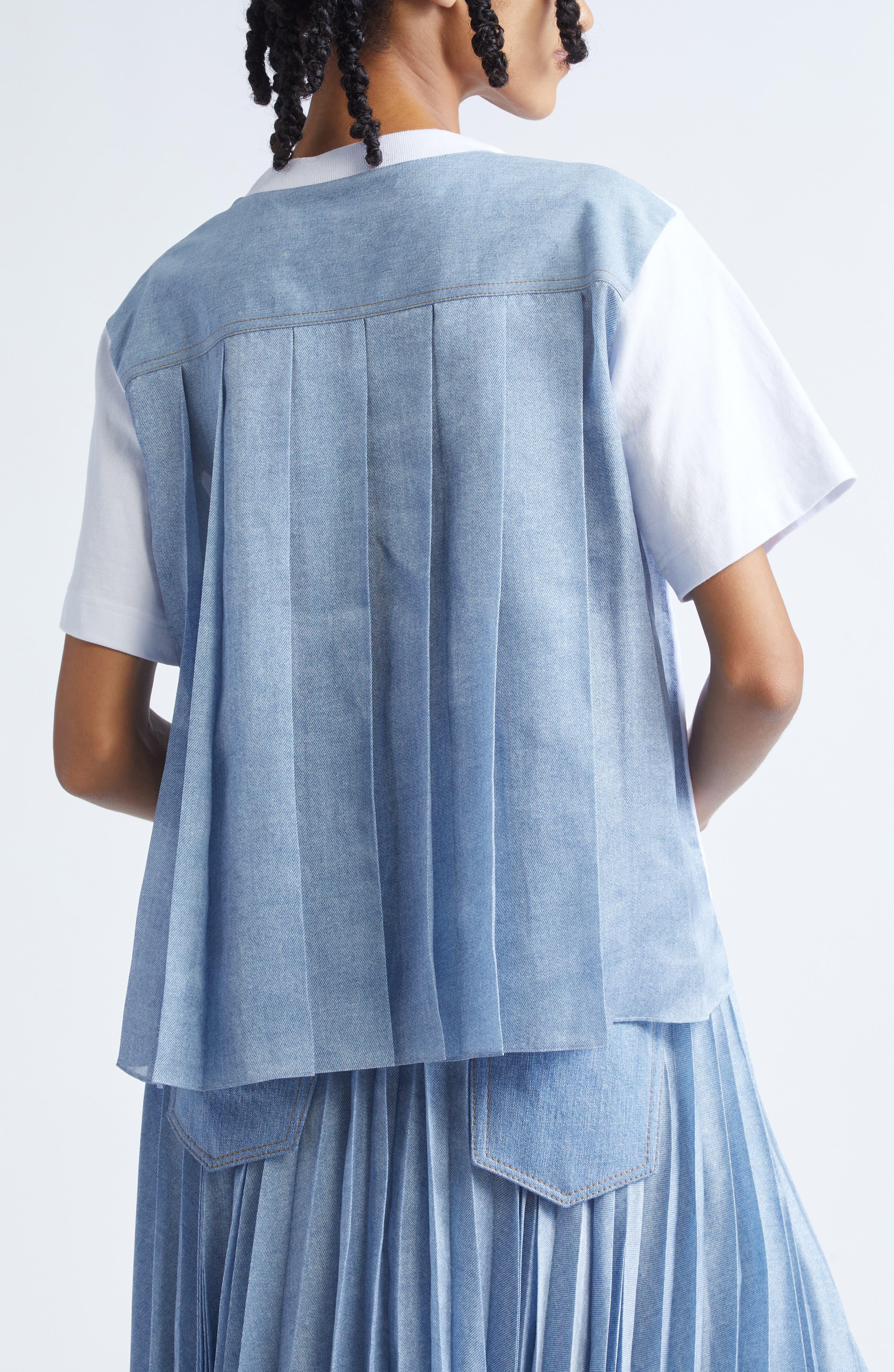Sacai Mixed Media Jersey & Denim Pocket T-Shirt in Off White/Light Blue at Nordstrom - 3