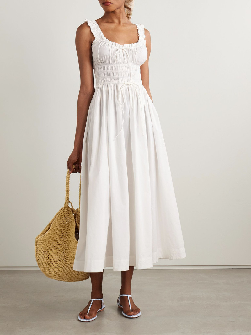 DÔEN Emmaretta tie-detailed shirred cotton-voile midi dress White outlook
