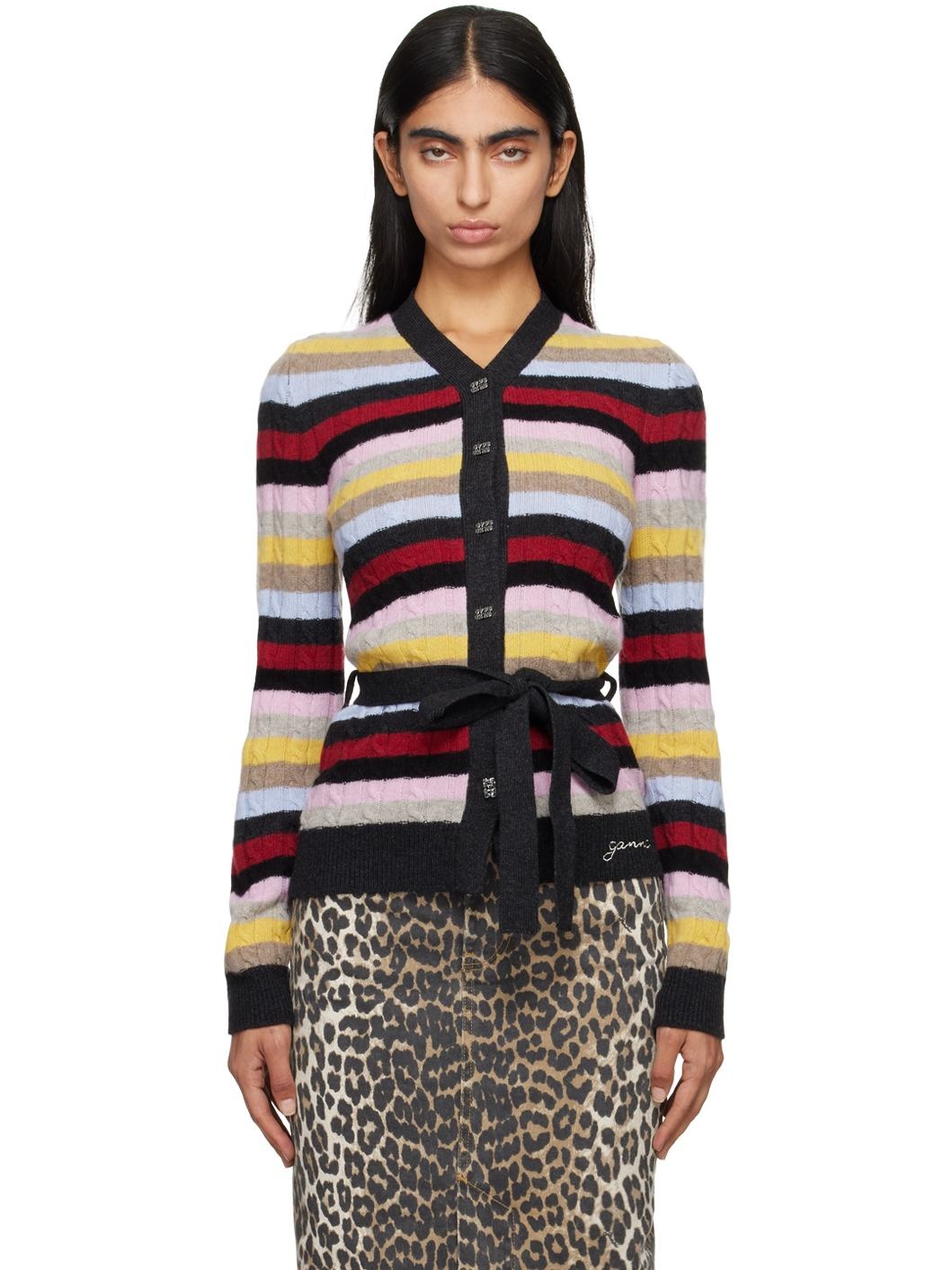 Multicolor Stripe Belt Cardigan - 1