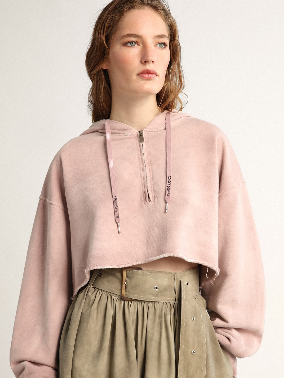 Pale mauve cropped Journey Collection hooded sweatshirt with tone-on-tone Golden lettering on the ba - 2