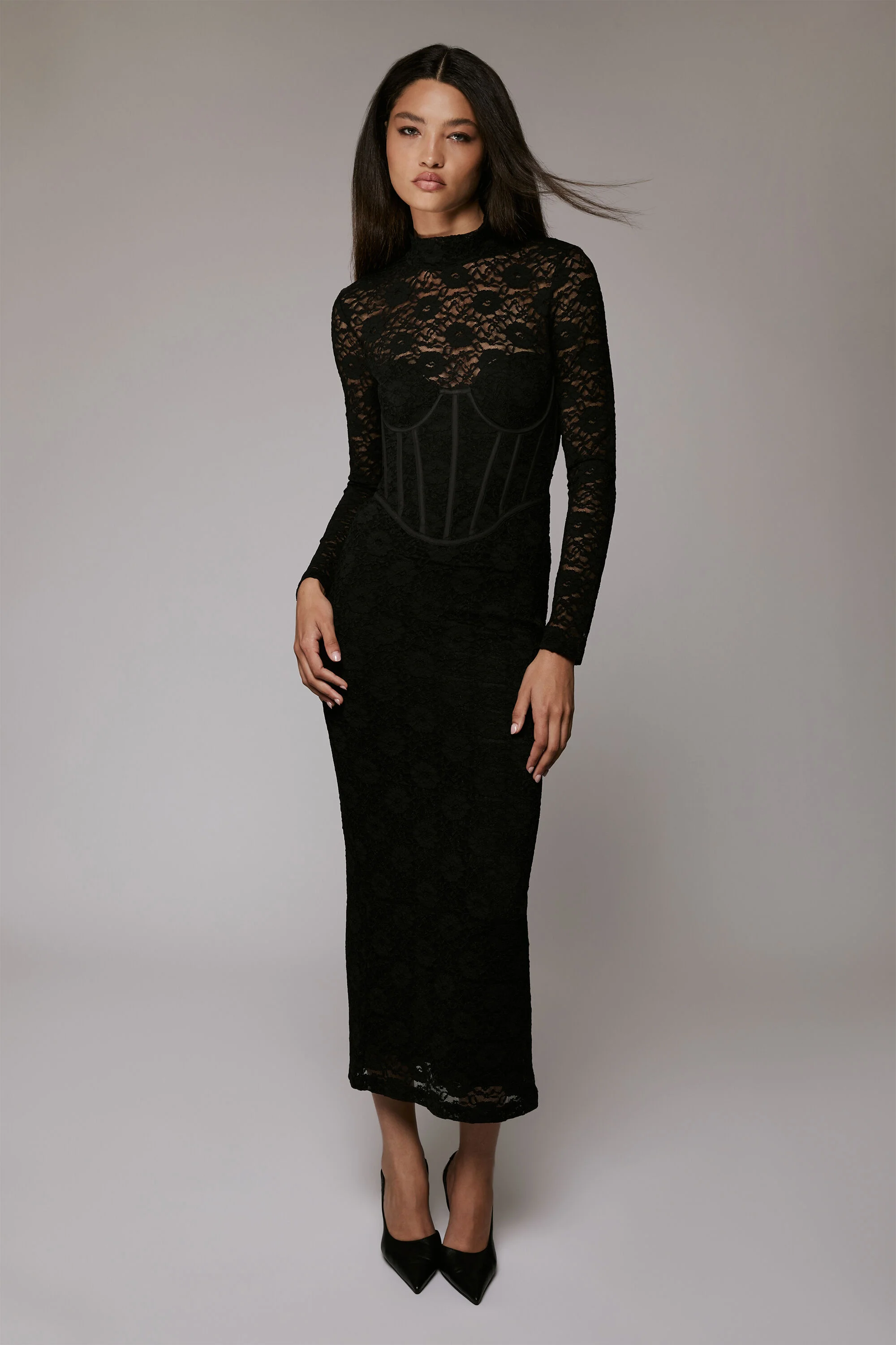 Carmen Lace Corset Midi Dress In Black - 1