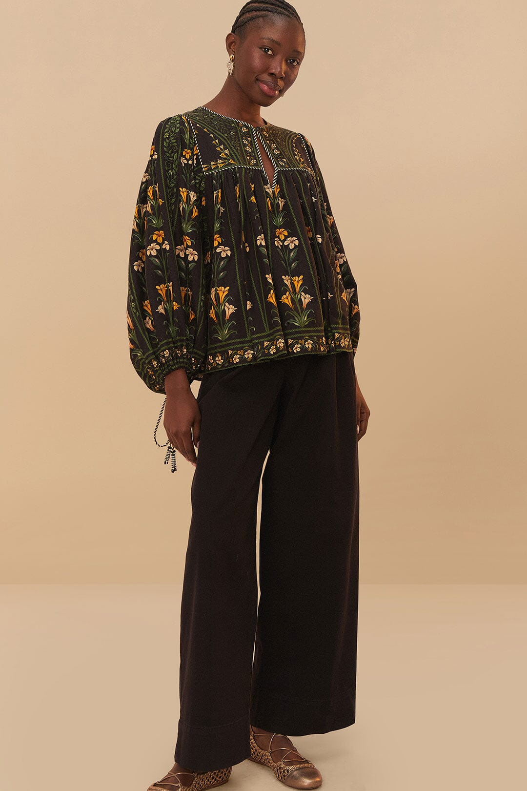 Black Twill Belted Wide Pants - 3