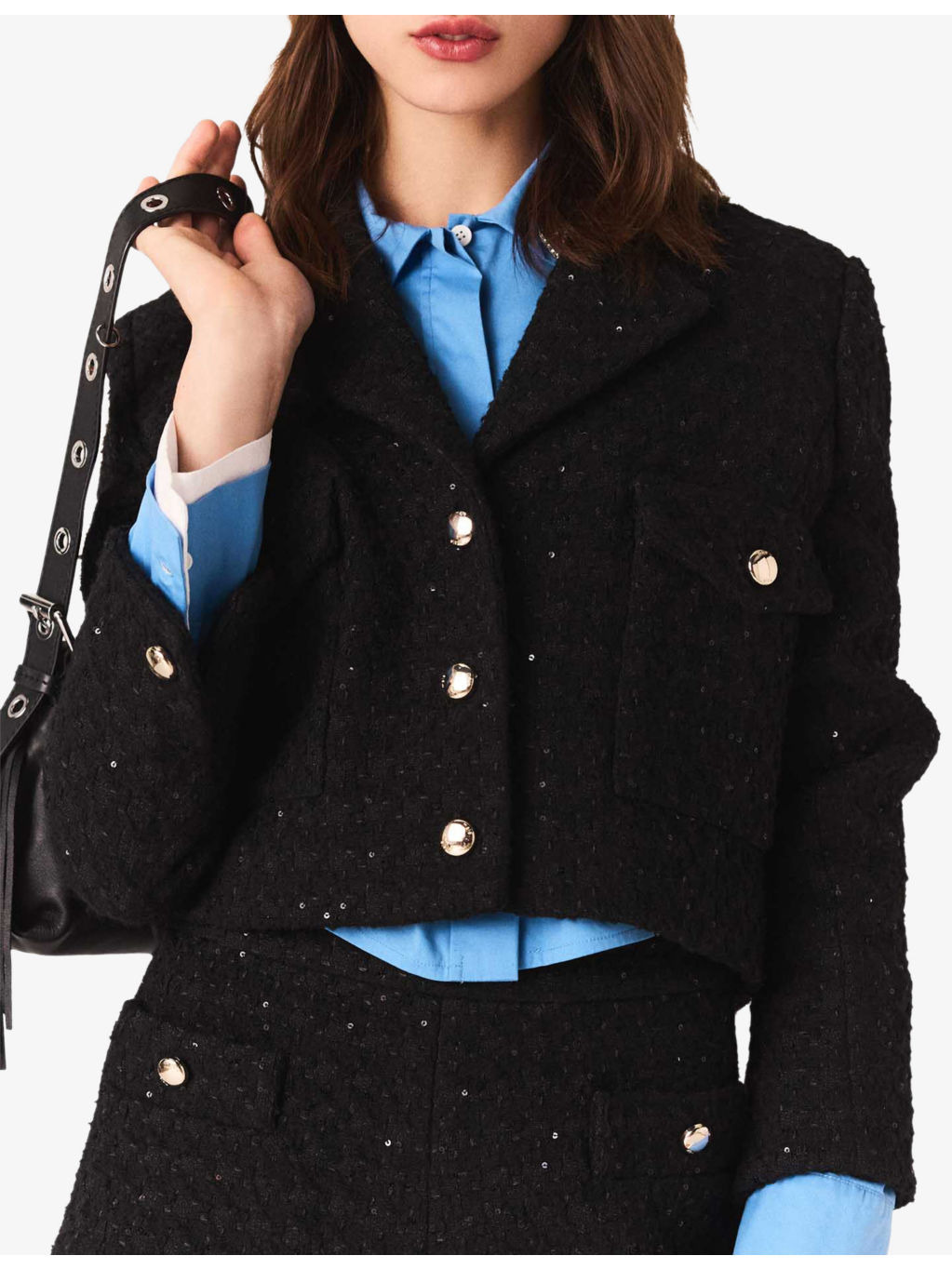 Cropped Sequin-Embellished Tweed Jacket - 5