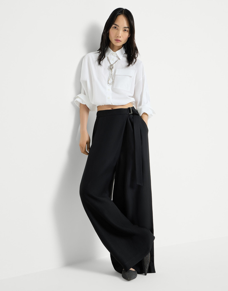 Viscose and linen fluid twill sartorial wrap trousers with monili 5