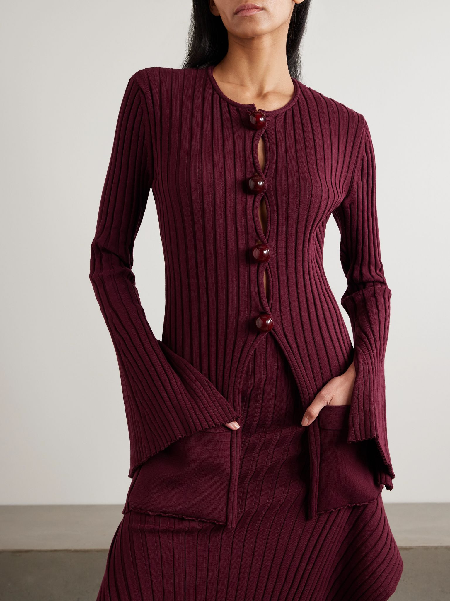Ribbed organic cotton cardigan Burgundy - 3