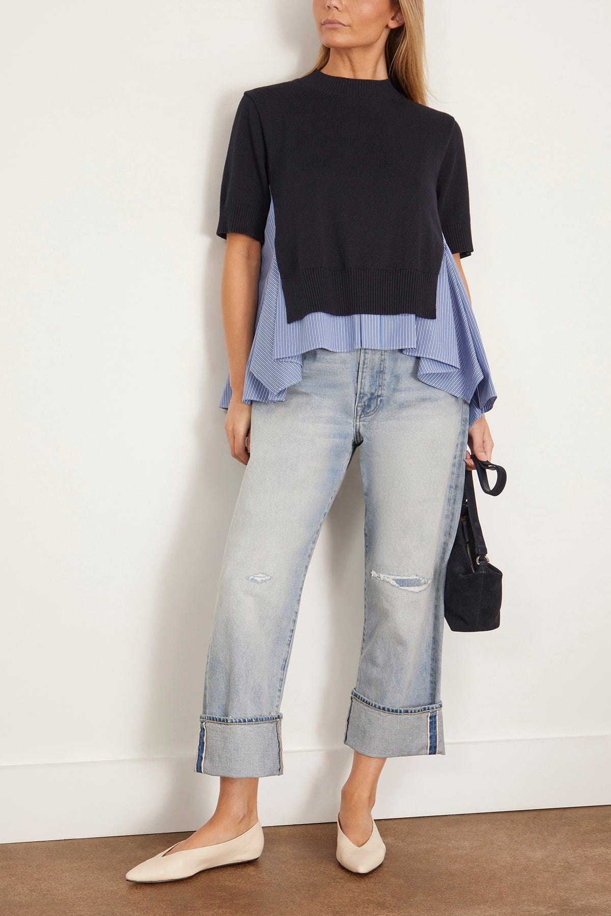 Cotton Poplin x Knit Pullover in Navy and Blue Stripe - 2