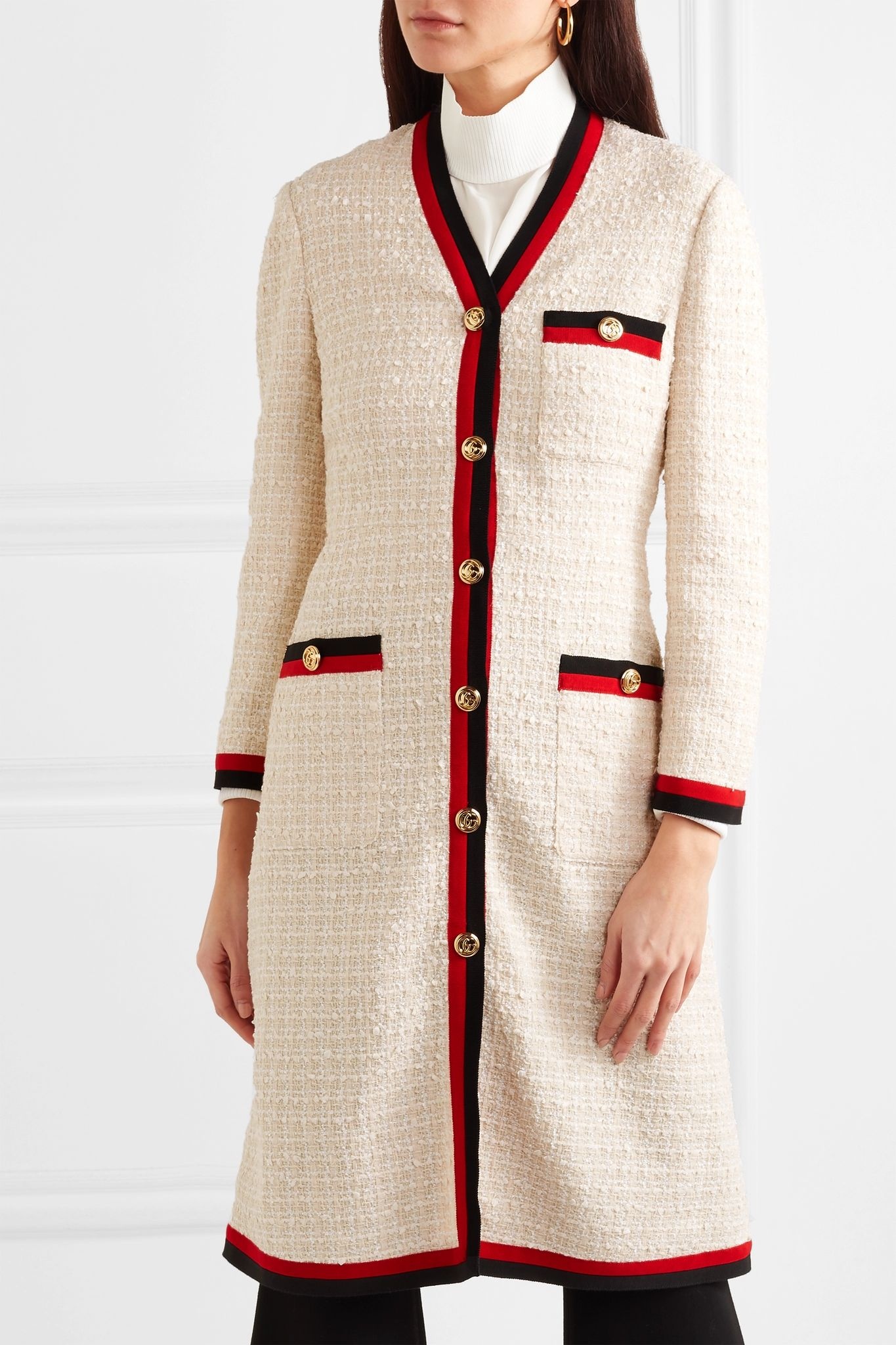 Grosgrain-trimmed cotton-blend bouclé-tweed coat - 3