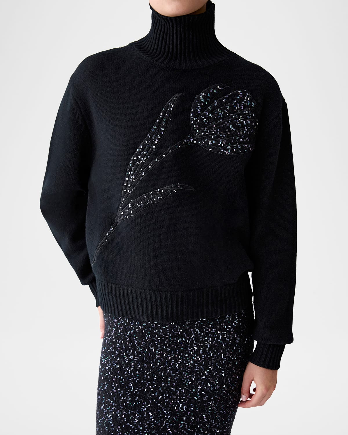 Turtleneck Paillette Rose Wool-Cashmere Sweater - 4